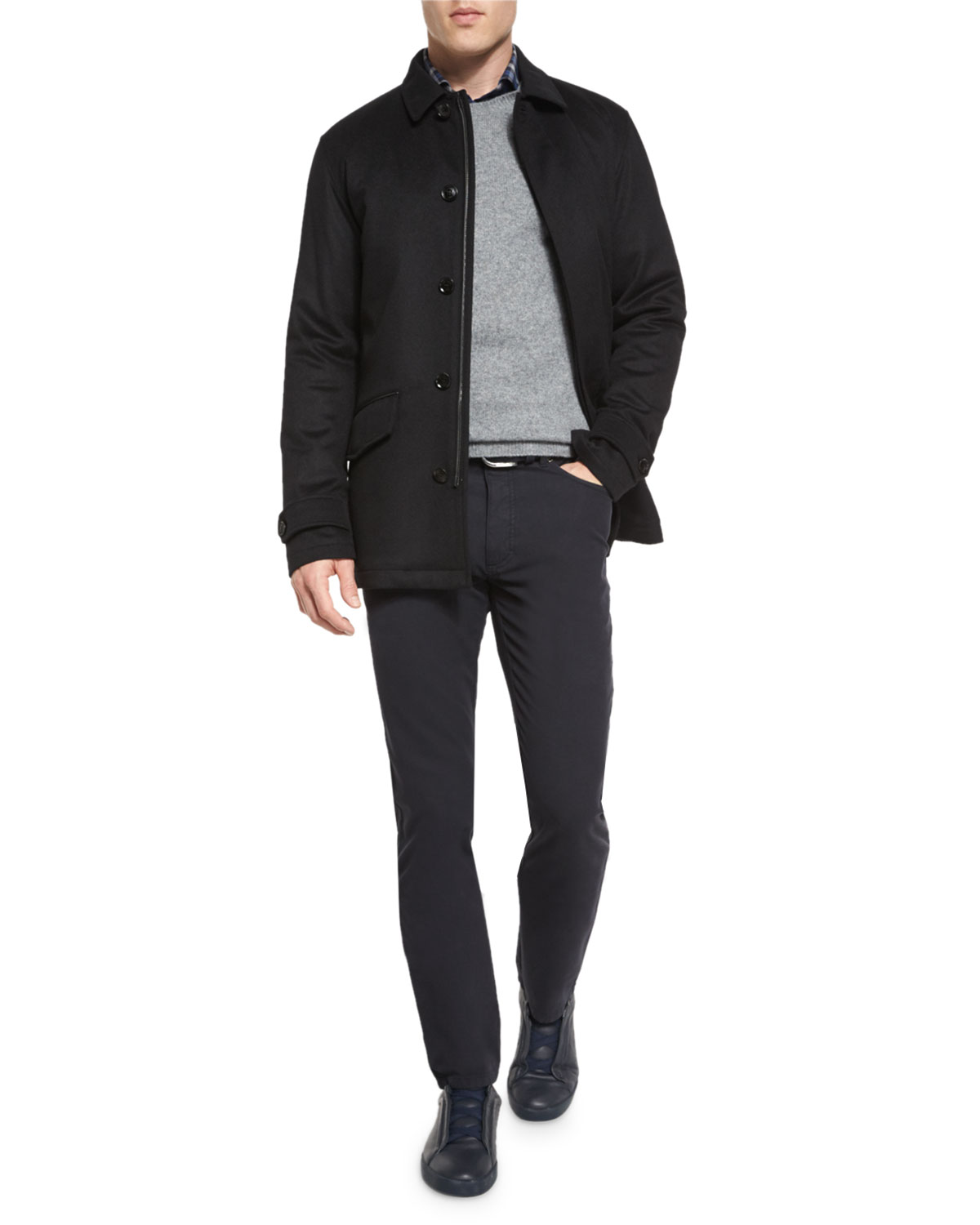 Wool/Cashmere-Blend Car Coat, Black