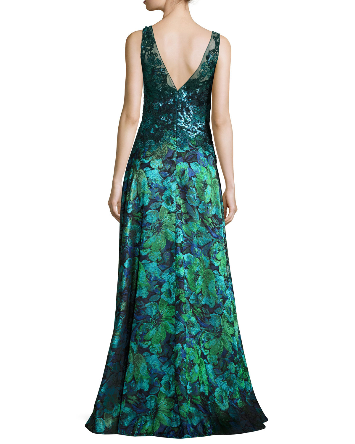 Sleeveless Sequined Floral Gown, Green/Blue