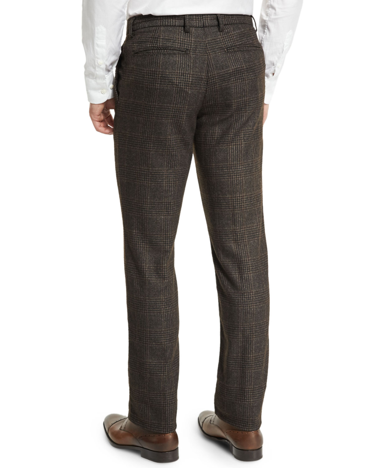Plaid Wool-Blend Flat-Front Trousers, Gray Multi