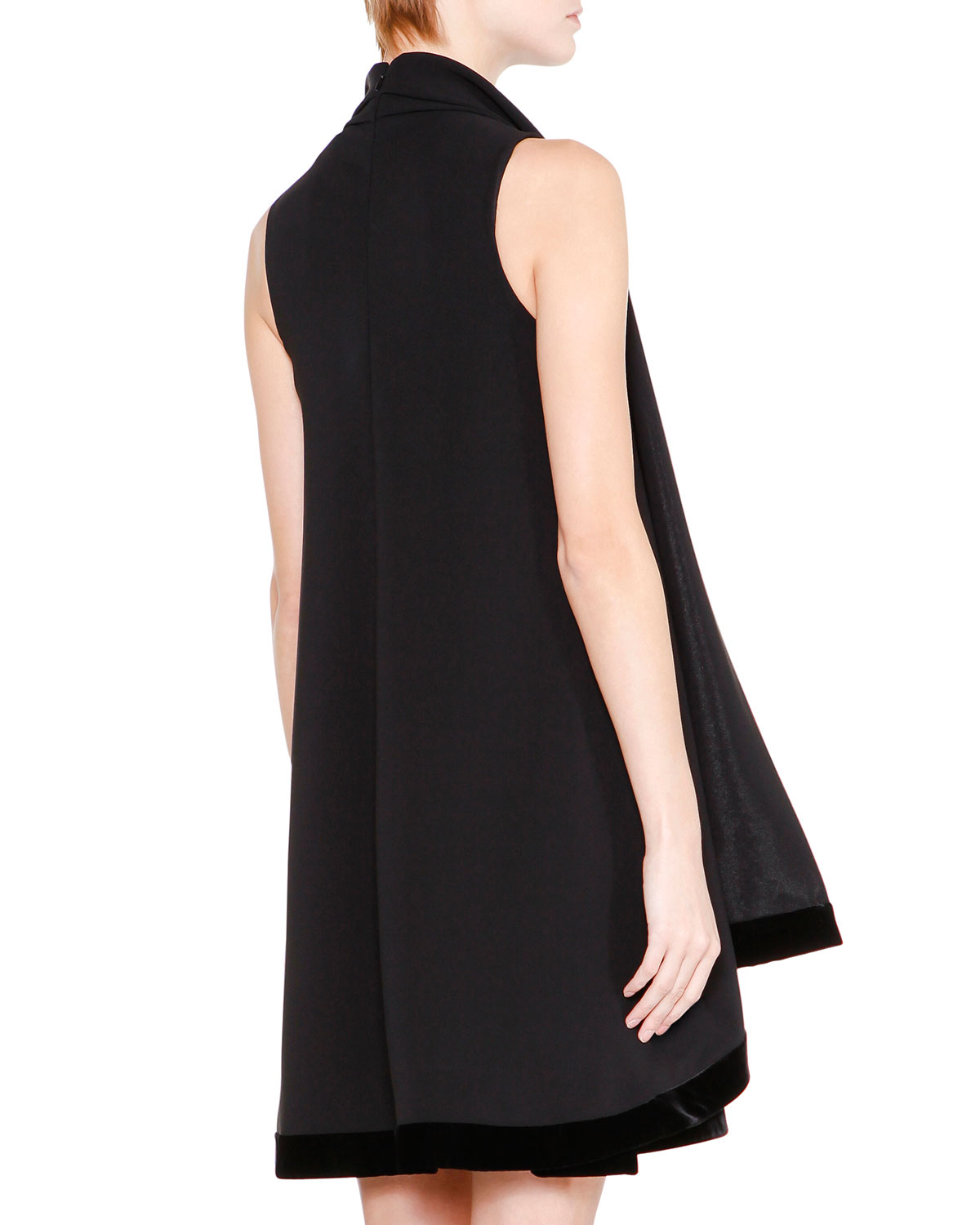 Velvet-Trim Shift Dress W/Scarf, Black