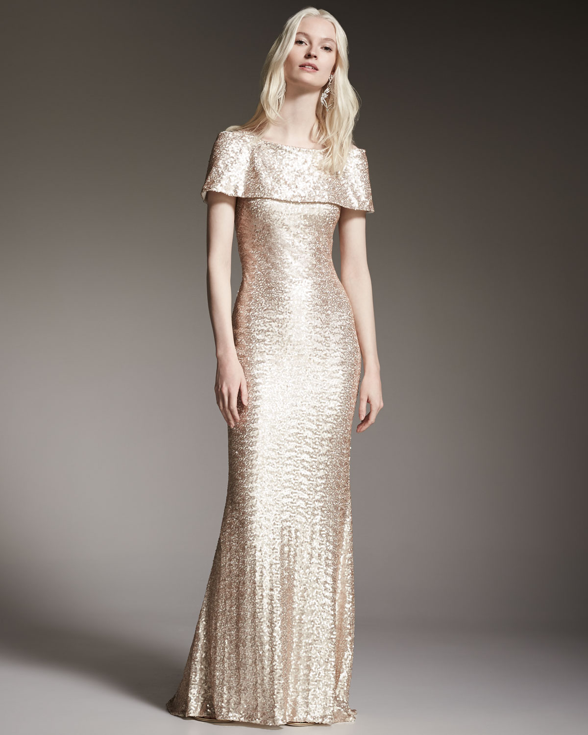 Off-The-Shoulder Sequined Gown, Blush/Ivory