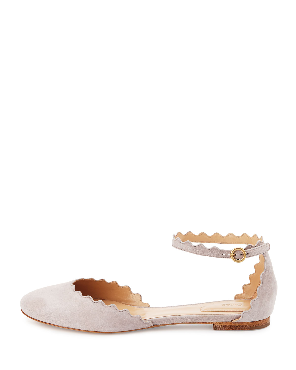 Lauren Scalloped Suede Ankle-Strap Flat, Elephant Gray