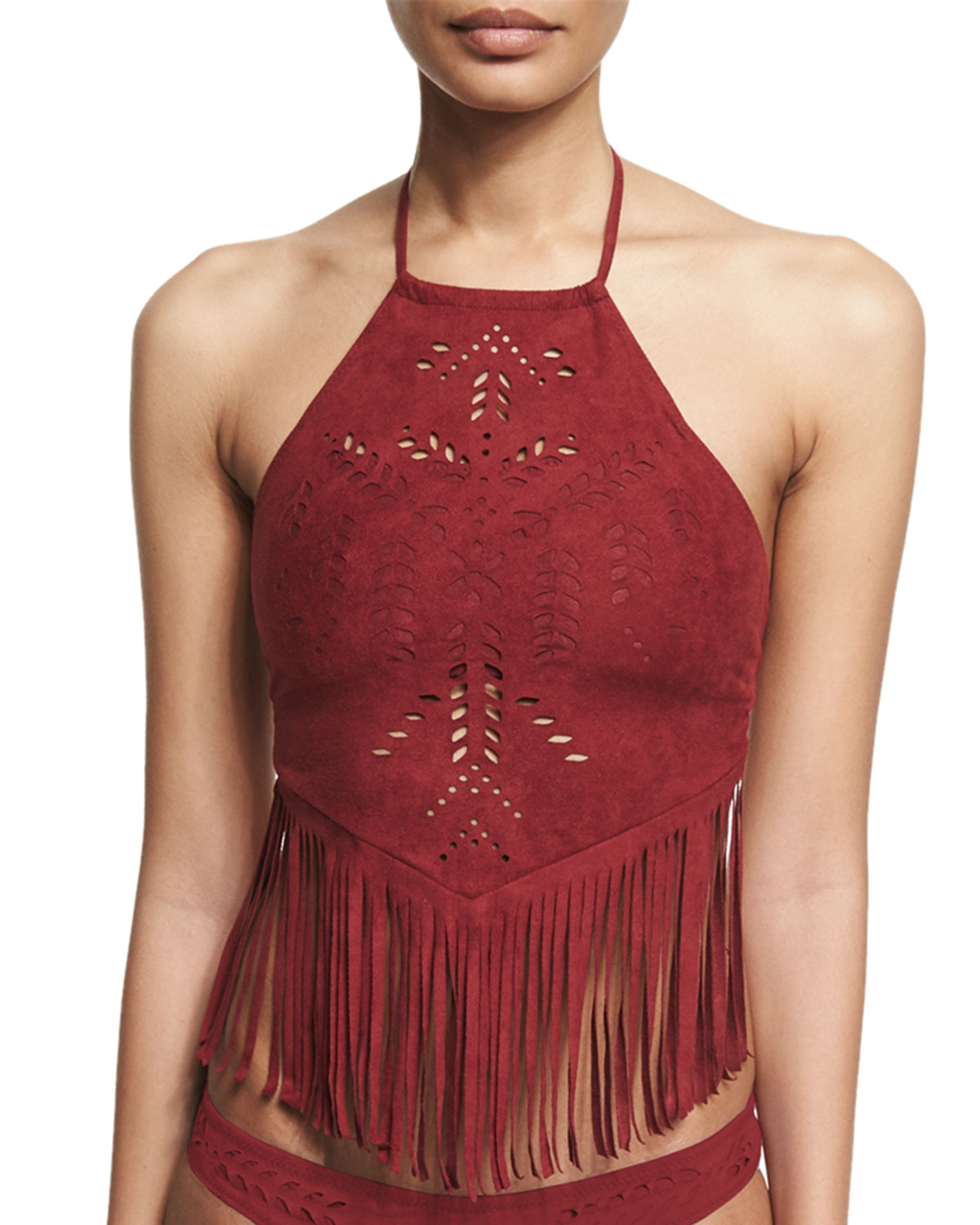 Holy Cow Fringed High-Neck Crop Swim Top