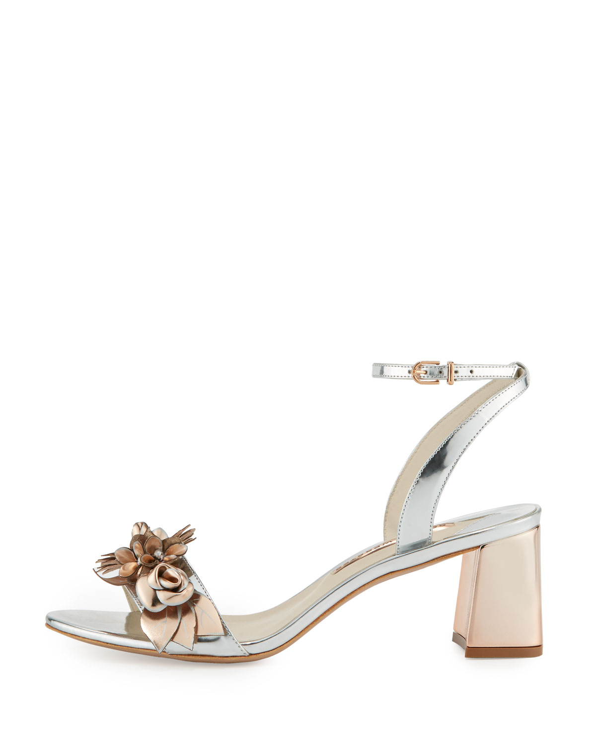 Lilico Floral Leather Mid-Heel Sandal, Silver/Rose Gold