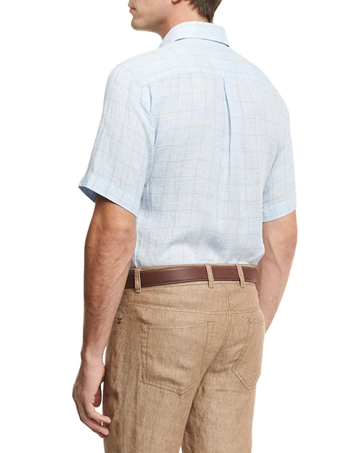 Crown Cool Glen Plaid Short-Sleeve Sport Shirt, Light Blue