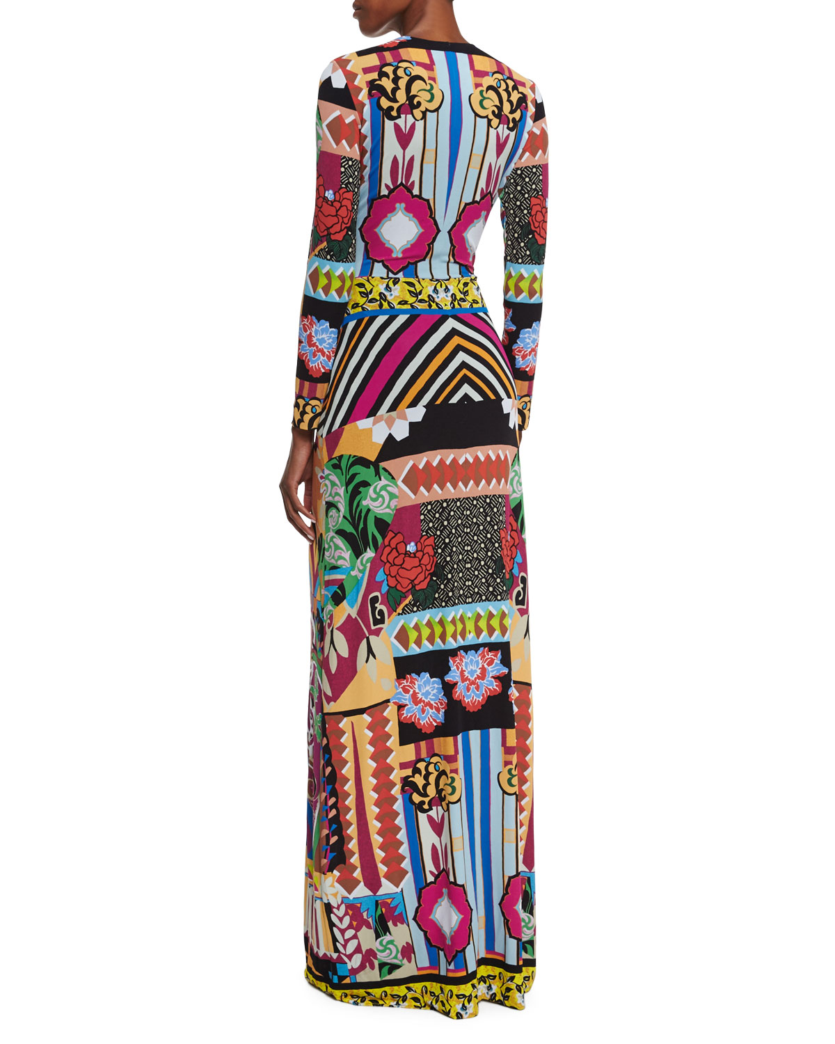 Multi-Print Faux-Wrap Maxi Dress, Purple Multi
