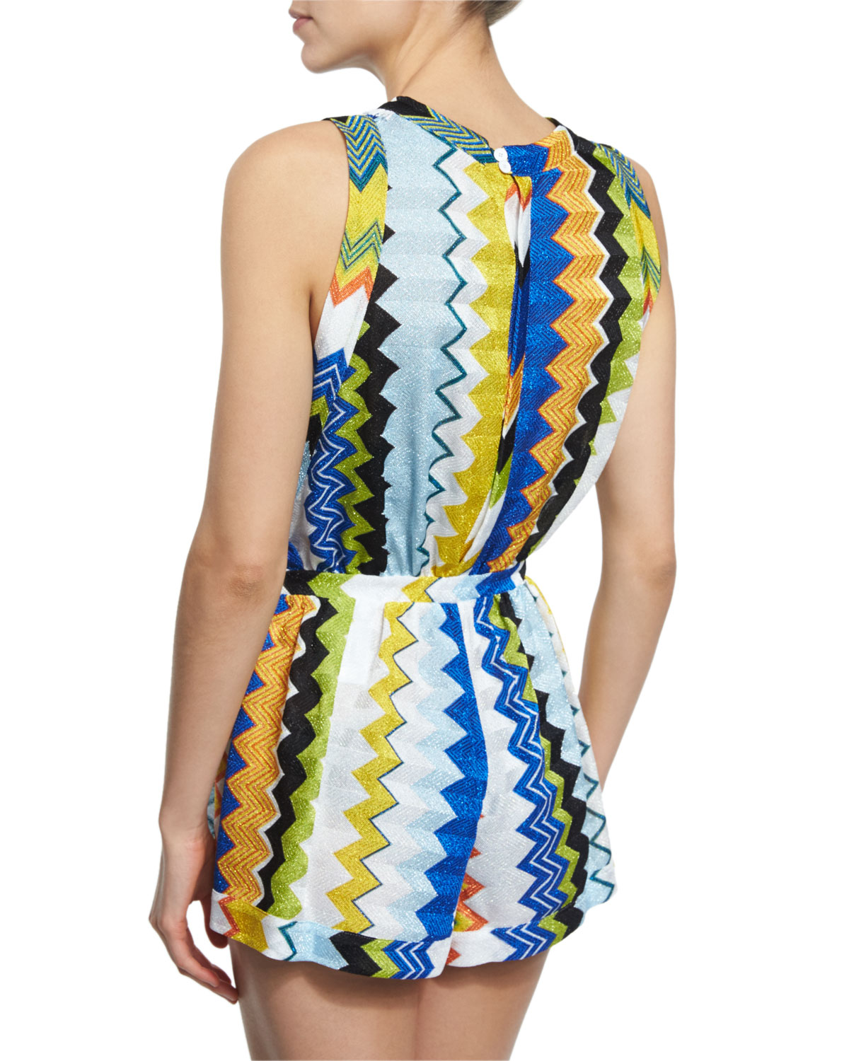 Metallic-Knit Zigzag Sleeveless Romper