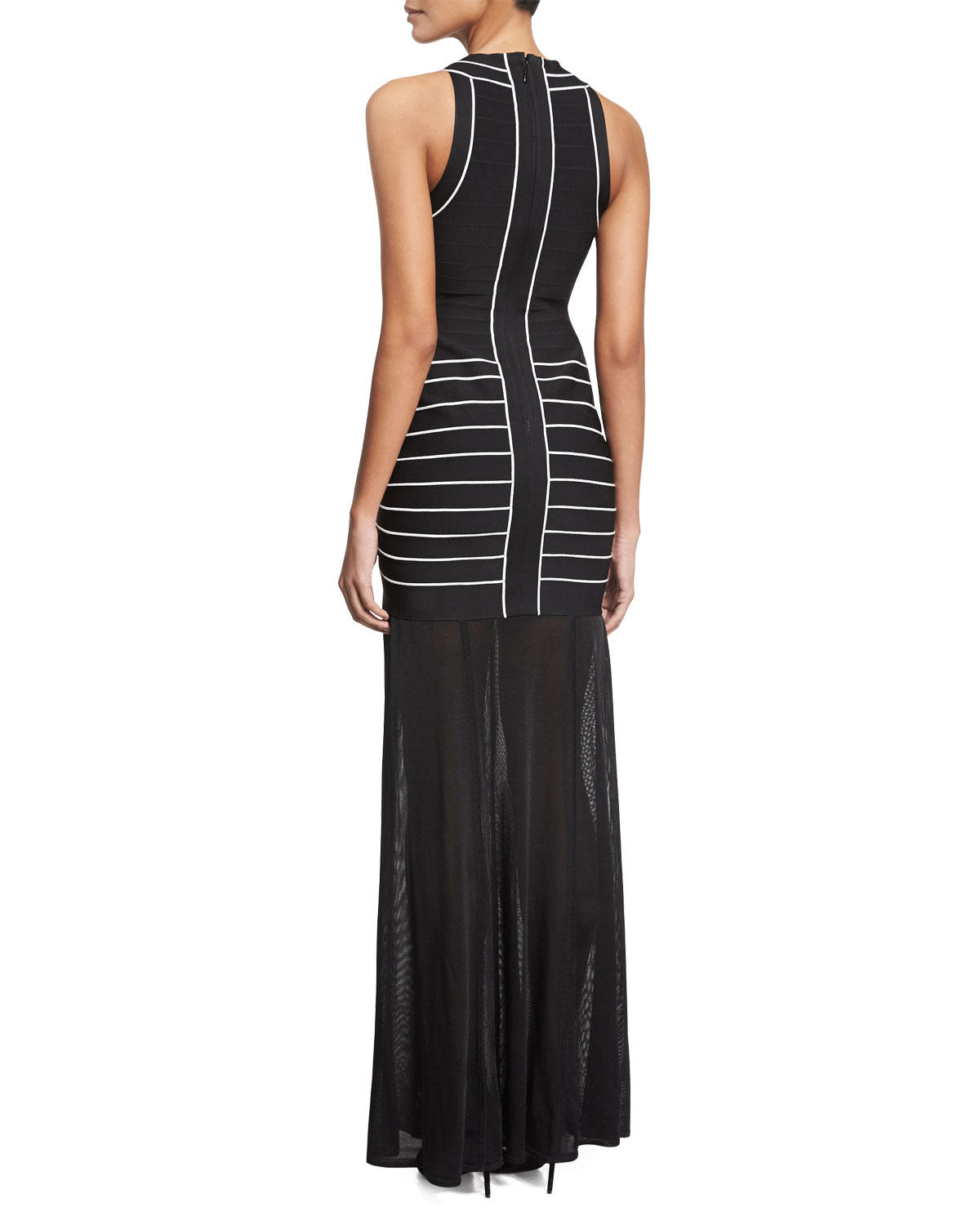 Sleeveless Contrast-Seam Halter Gown, Black Combo