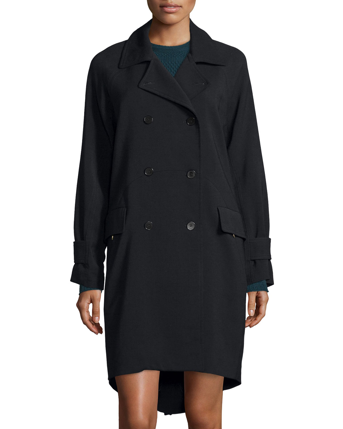 Double-Breasted Pleated-Back Trench Coat, Black