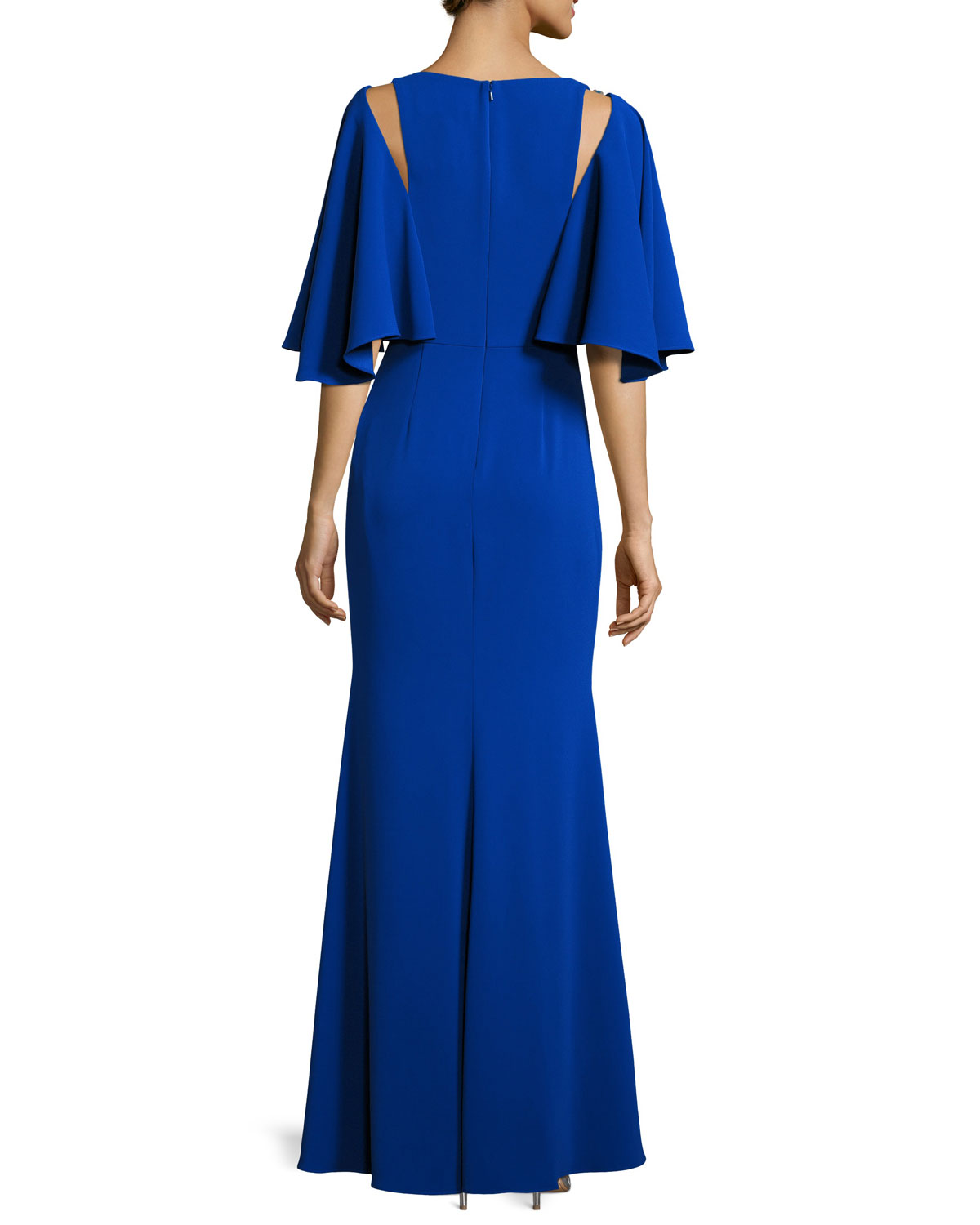 Cape-Sleeve Embellished Stretch Crepe Gown, Blue