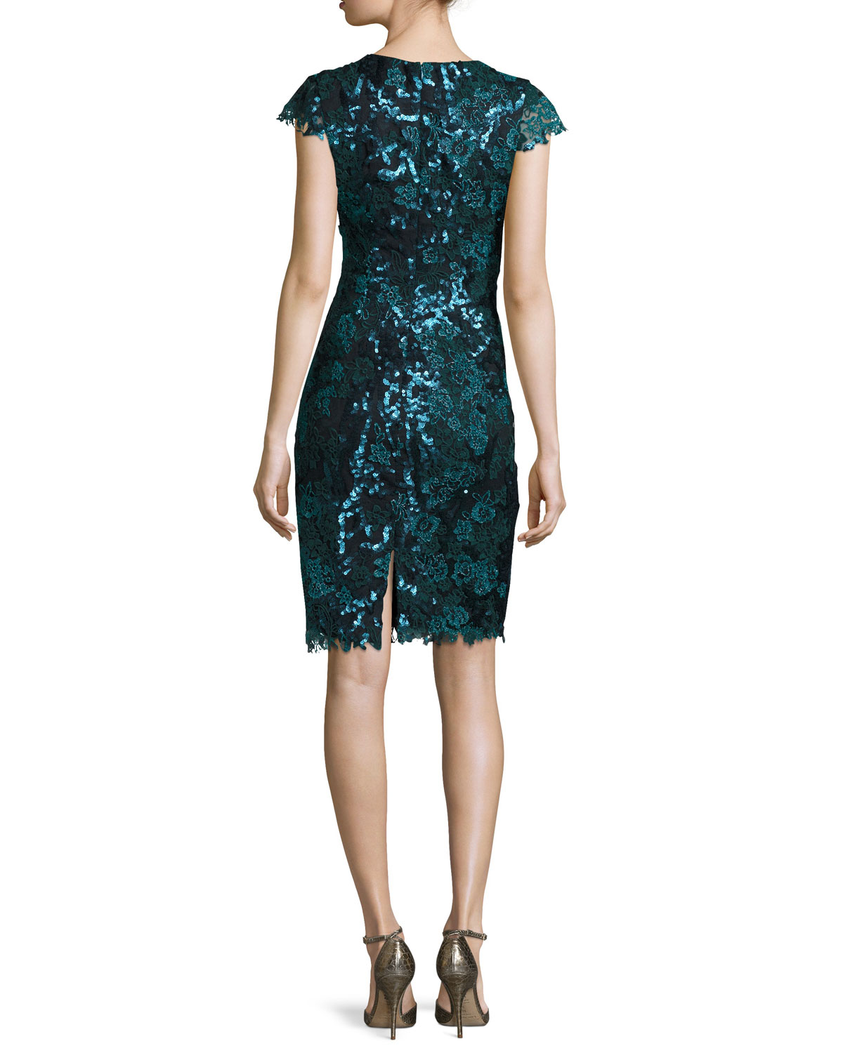 Cap-Sleeve Sequined Lace Cocktail Dress, Teal/Multicolor