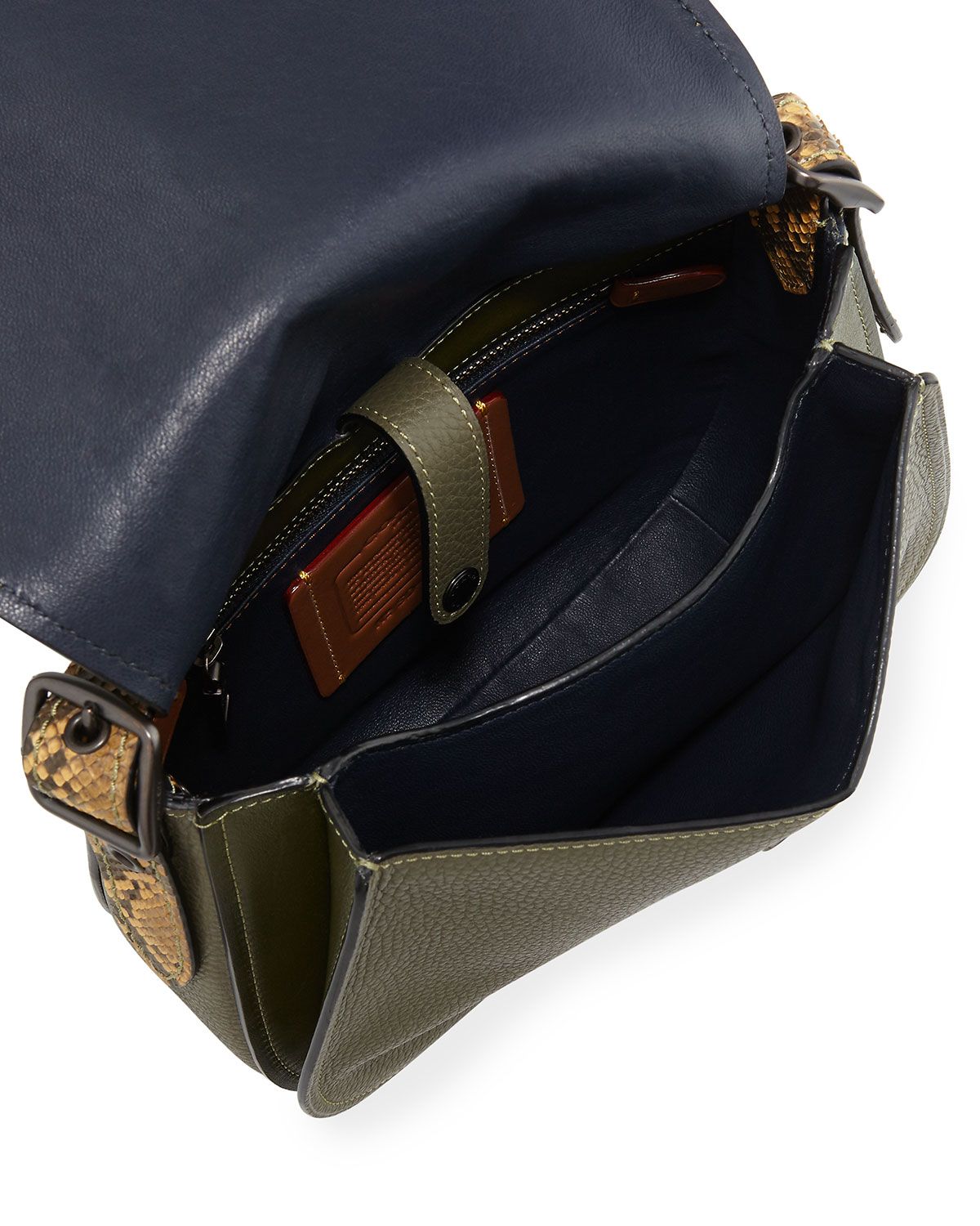 Python-Trim Leather Saddle Bag, Olive