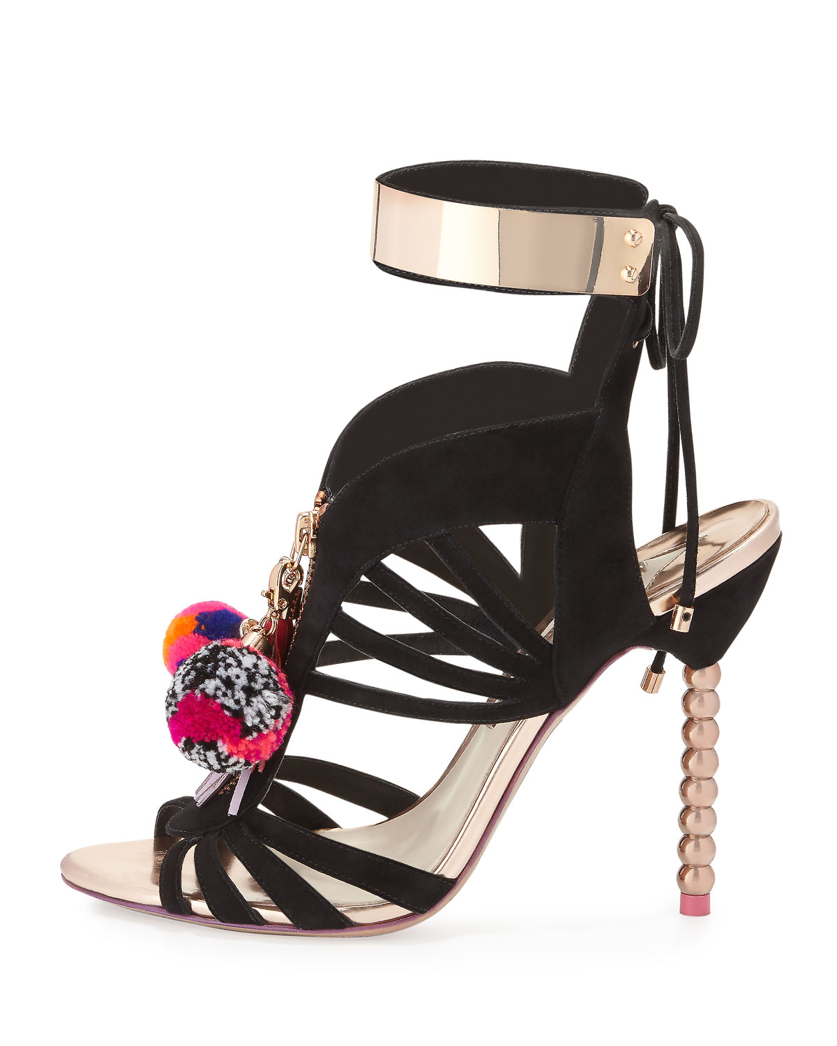 Yasmina Pompom Suede 100mm Sandal, Black