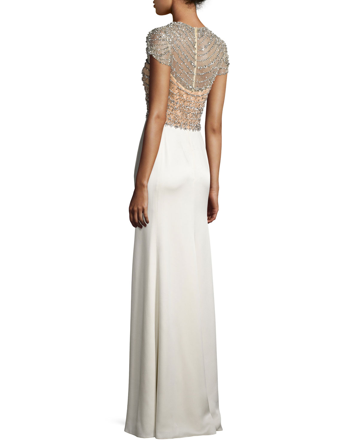 Sequined-Bodice Deep-V Gown, Illusion/Glass