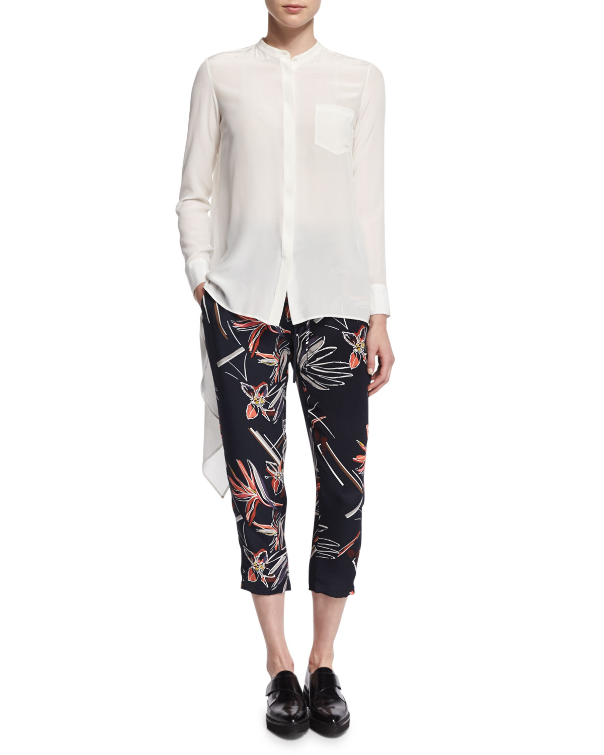 Relaxed Floral-Print Slouch Pants, Navy Multi