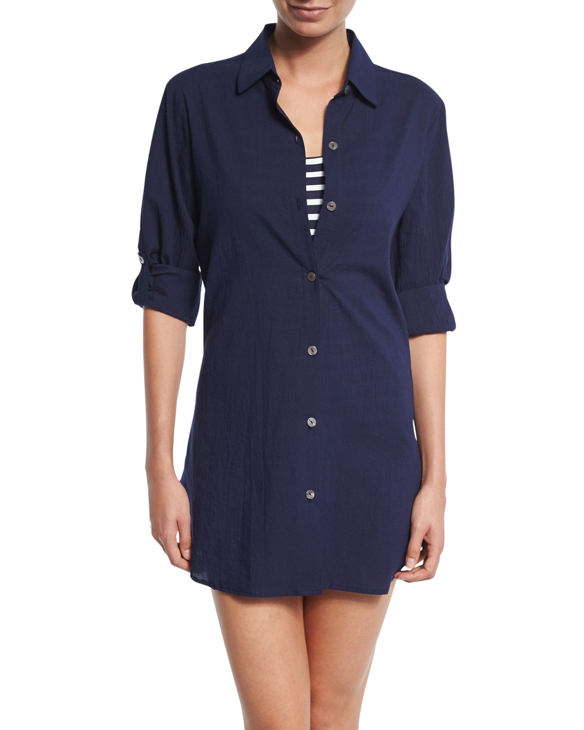 Crinkled-Cotton Boyfriend Coverup Shirt