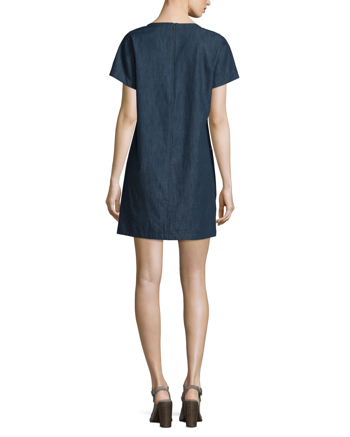 Ryder Short-Sleeve Chambray Shift Dress, Indigo