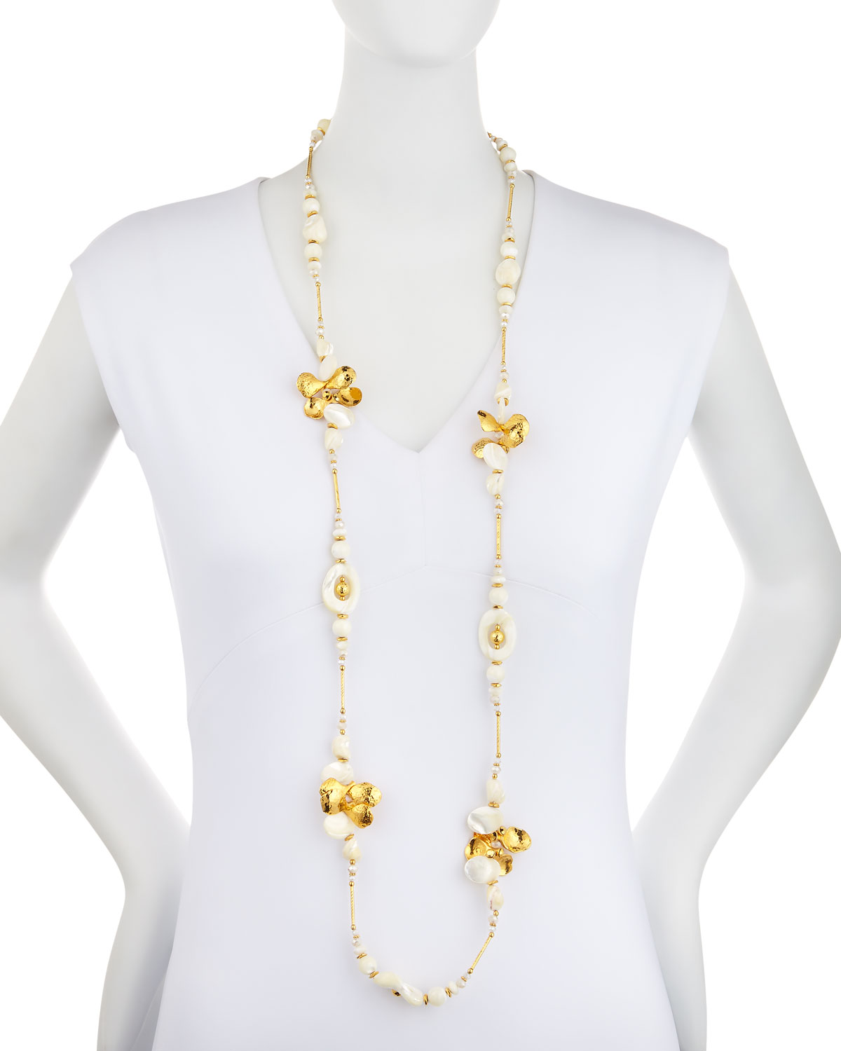 Long Golden Mother-of-Pearl & Crystal Beaded Necklace, 49"