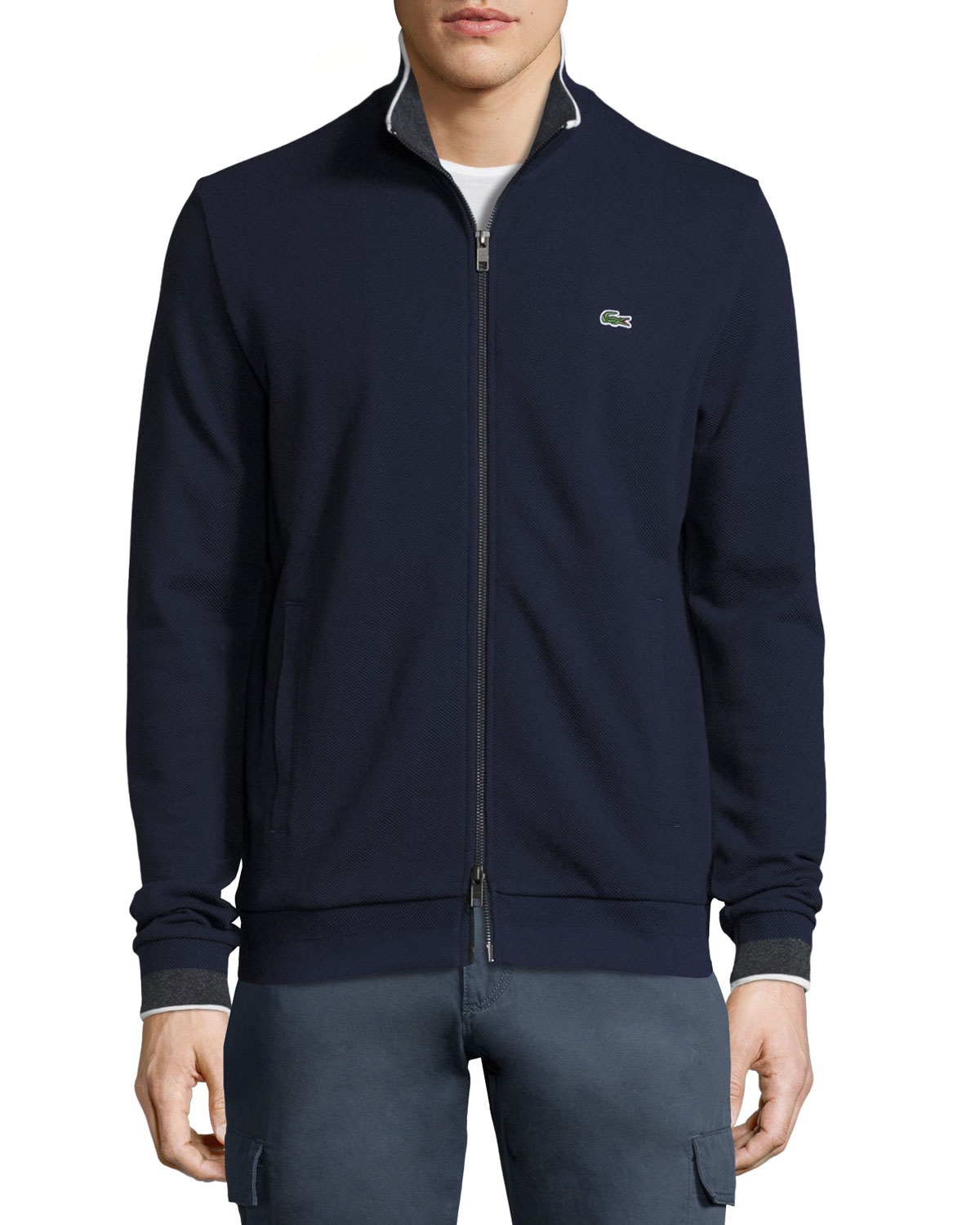 Semi-Fancy Piqué Front-Zip Sweater, Waterfall Blue/Navy