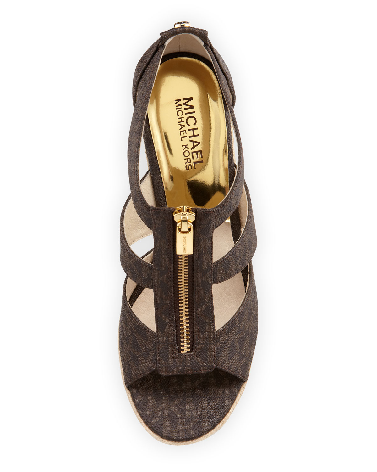 Damita Logo Zipper Wedge Sandal, Brown