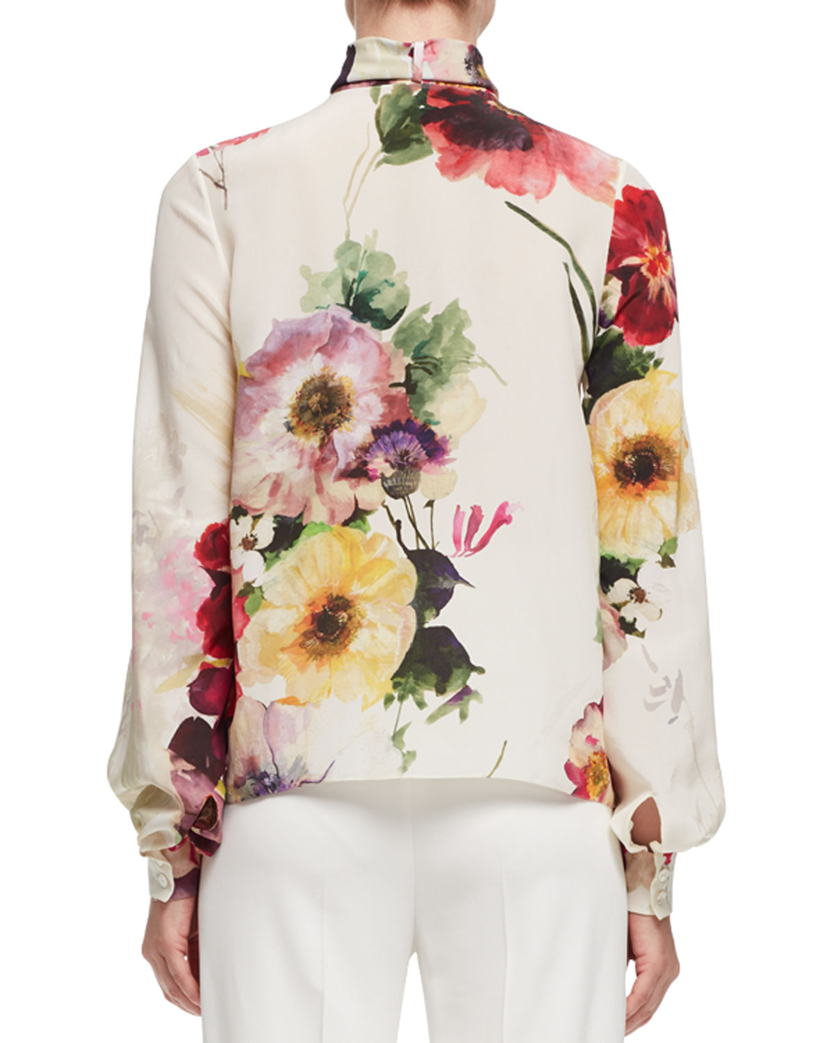 Bouquet-Print Tie-Neck Blouse, Multi