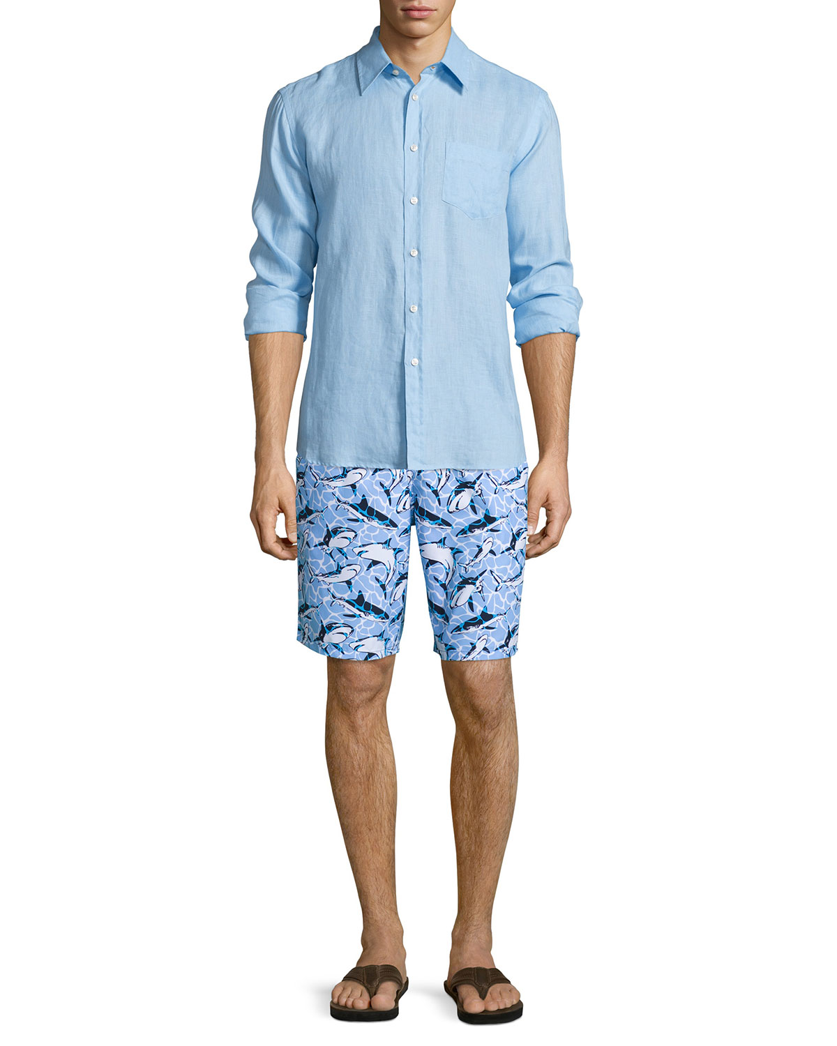 Okoa Shark-Print Swim Trunks, Blue