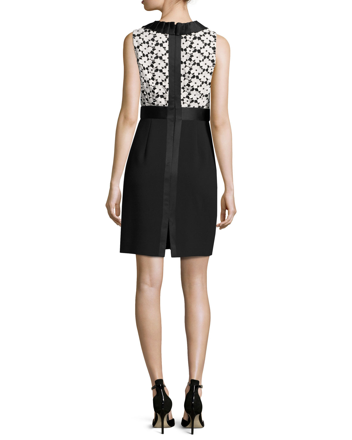 sleeveless floral lace sheath dress, light shale/black