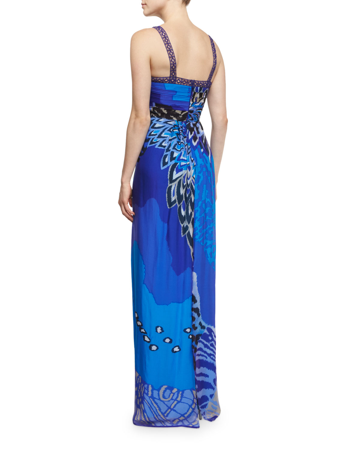 Printed Sleeveless V-Neck Gown, Blue/Multi