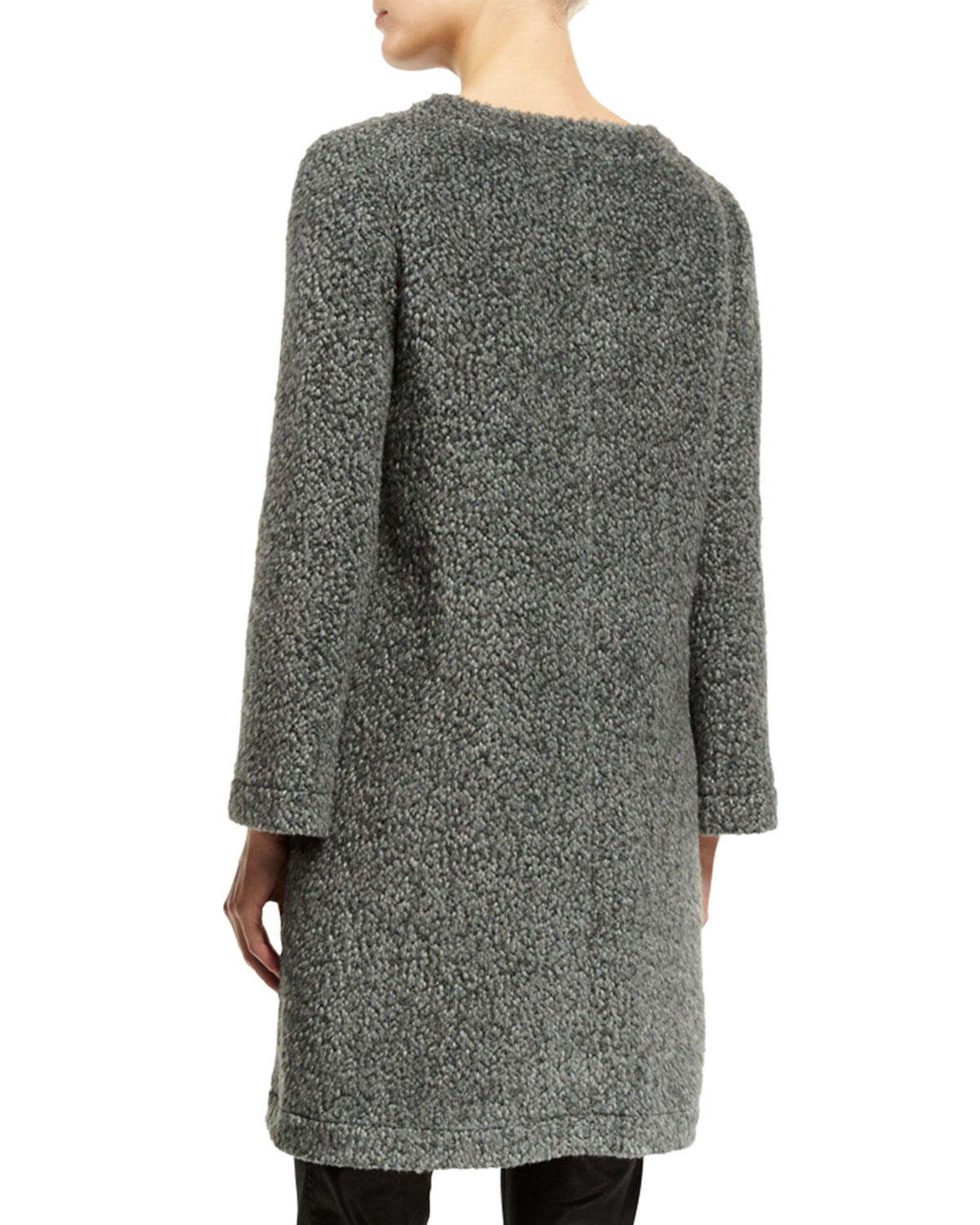 Long-Sleeve Boucle Trapeze Coat, Gray