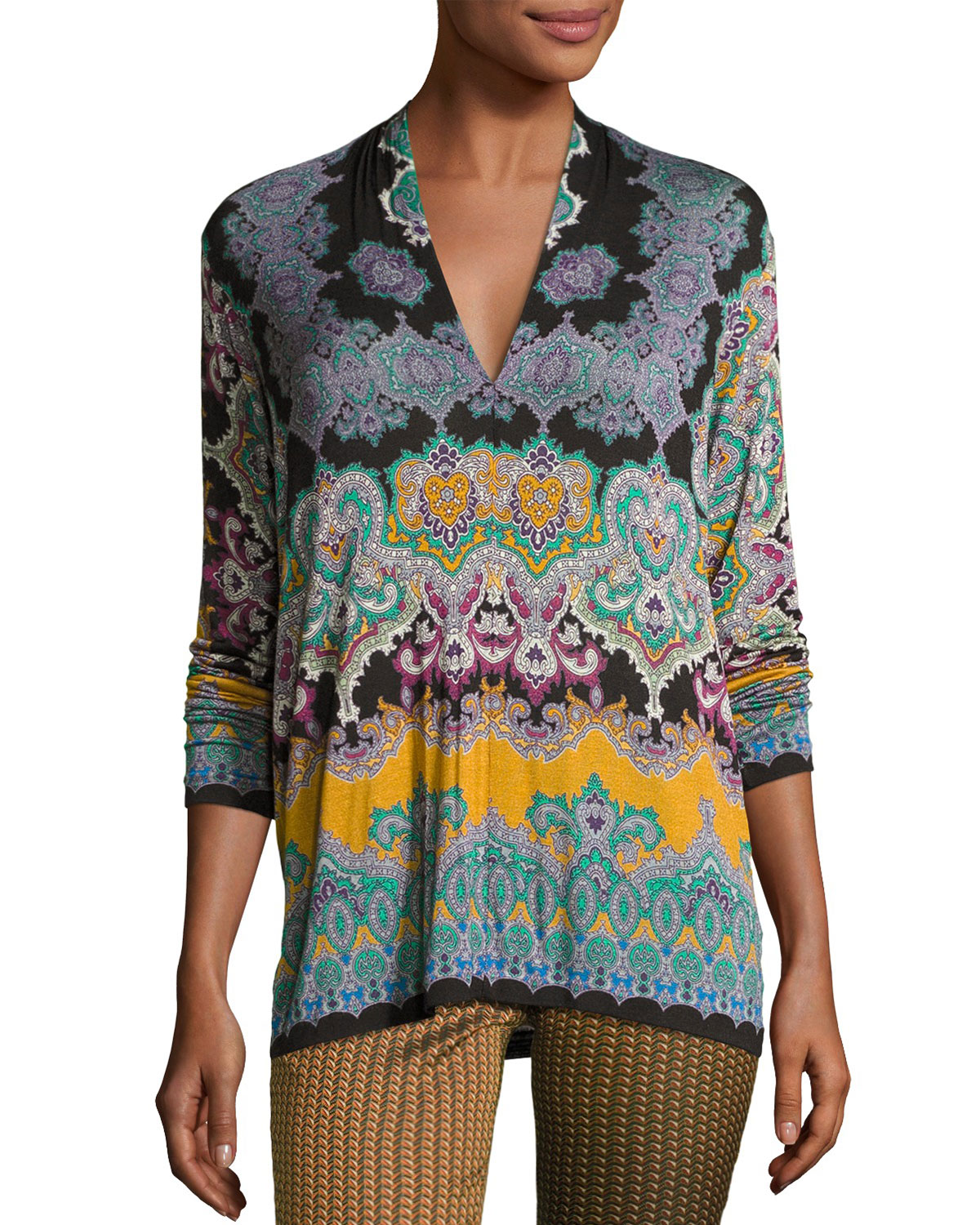 Paisley V-Neck Long-Sleeve Tee, Green/Gold