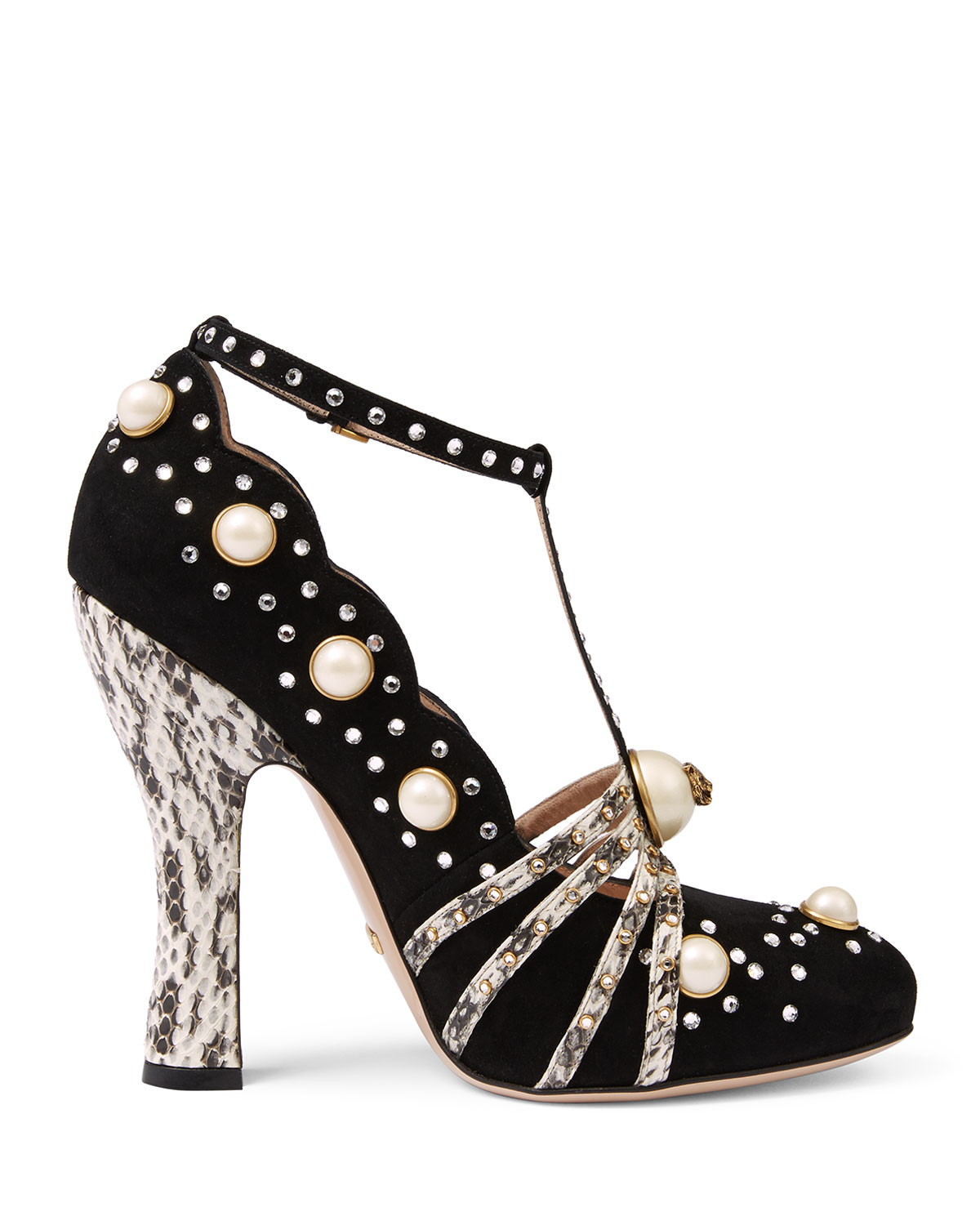 Ofelia Pearly Studded T-Strap Pump, Nero