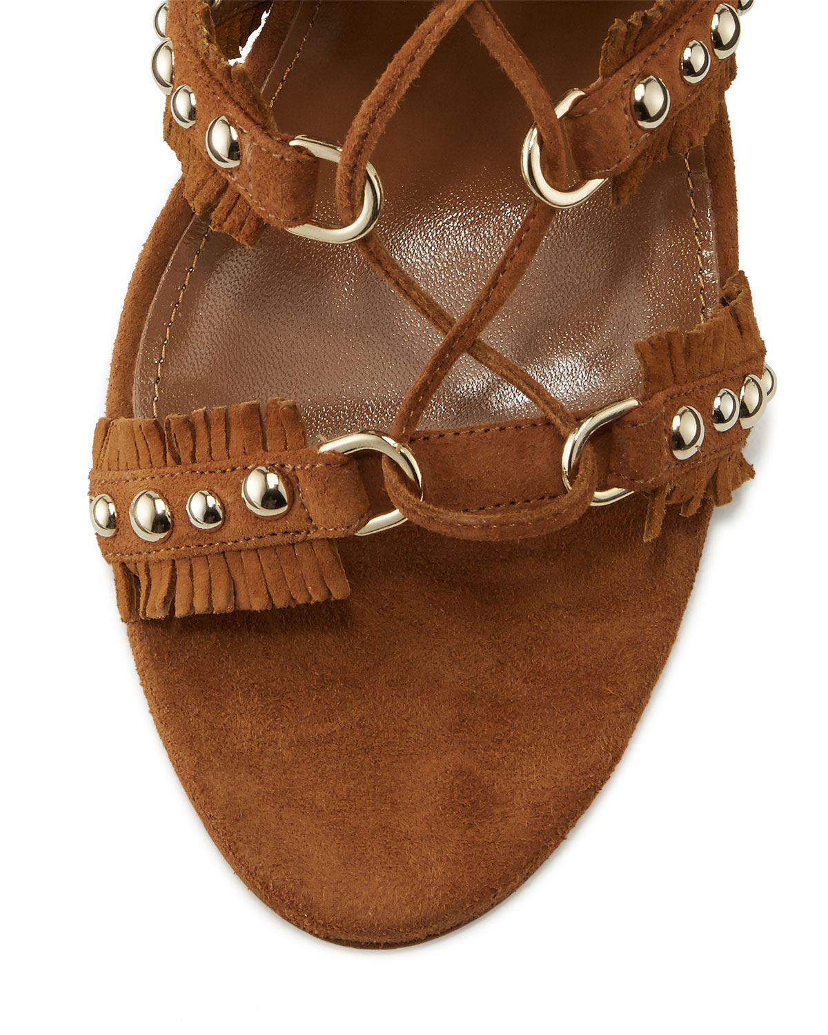 Tulum Studded Fringe Wedge Sandal, Cognac