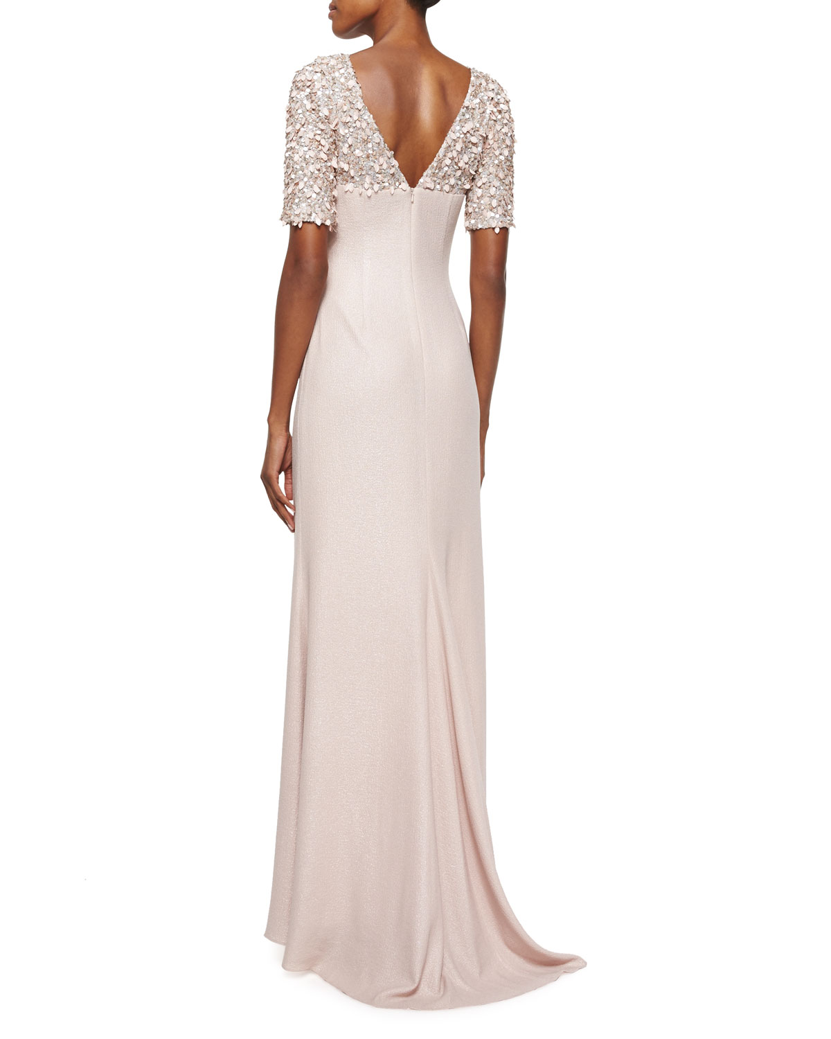 Beaded-Sleeve Mermaid Gown, Blush