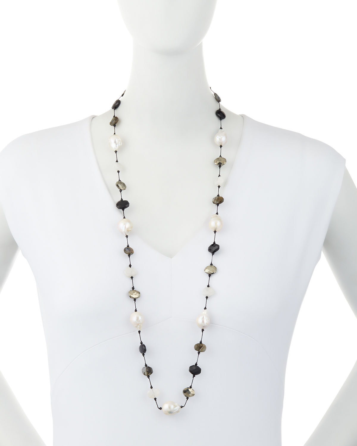 Baroque Pearl & Pyrite Station Necklace, 34"