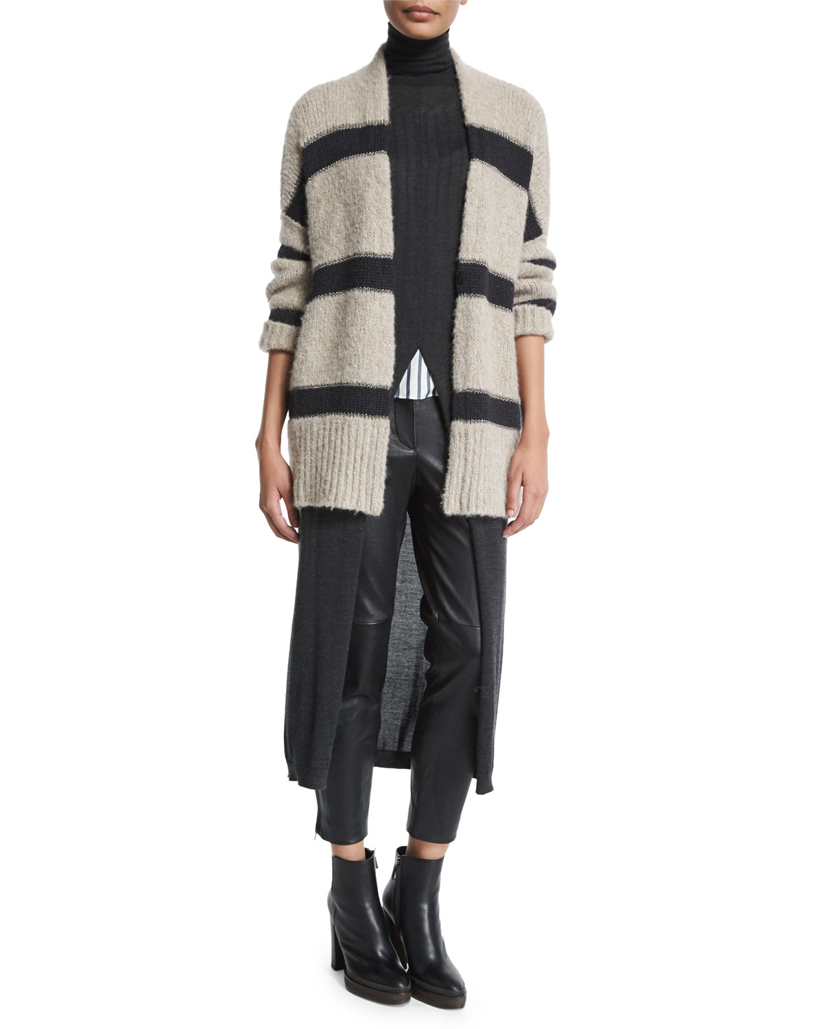 Open-Front Rugby-Striped Cardigan, Sea Salt