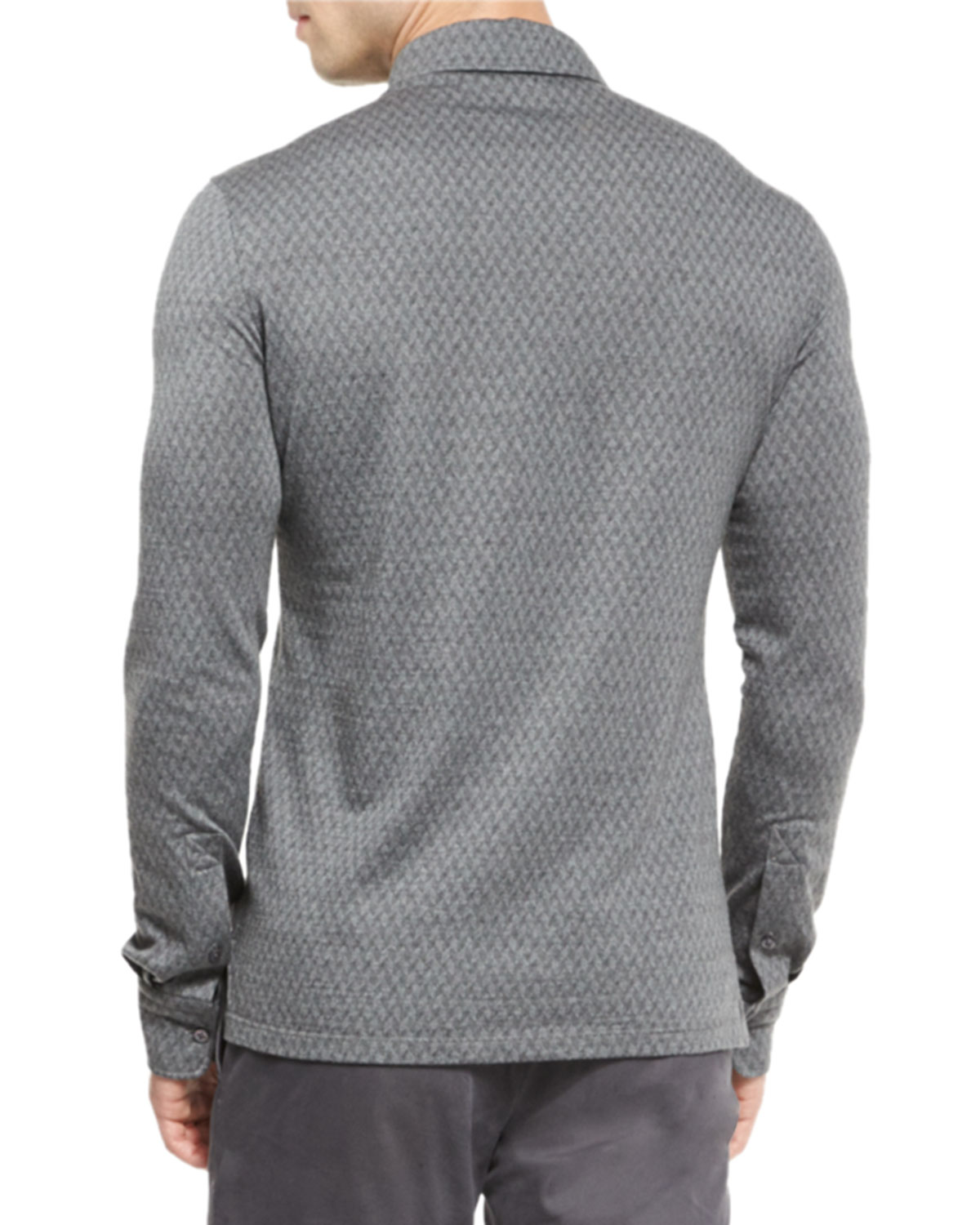 Flannel Herringbone Long-Sleeve Polo Shirt, Gray