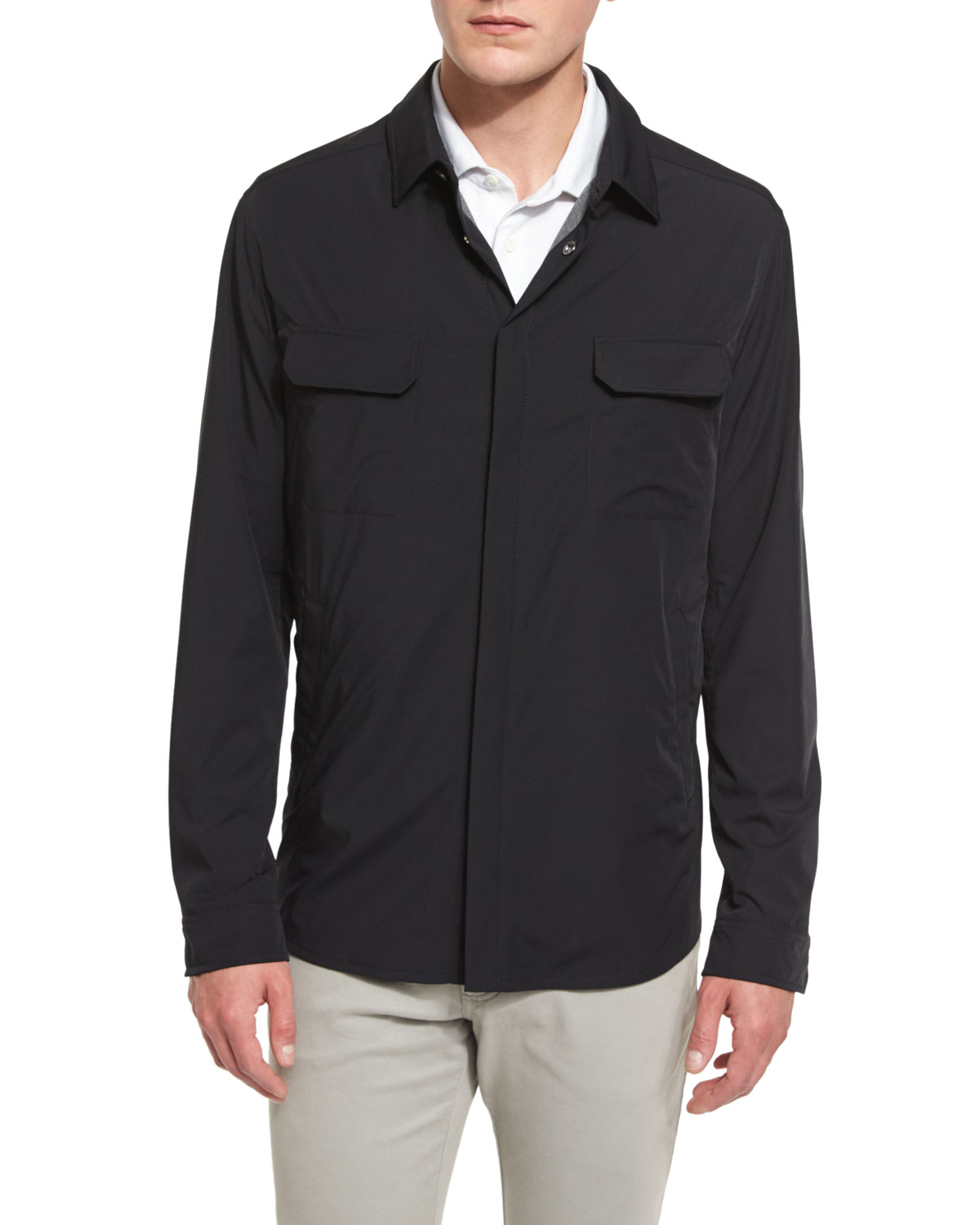 Snap-Front Long-Sleeve Shirt Jacket, Black