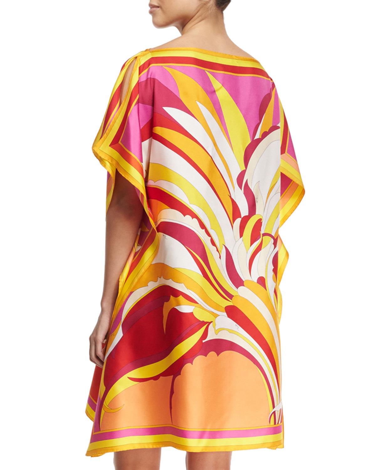 Fiore Maya Printed Silk Caftan Coverup, Pink/Orange