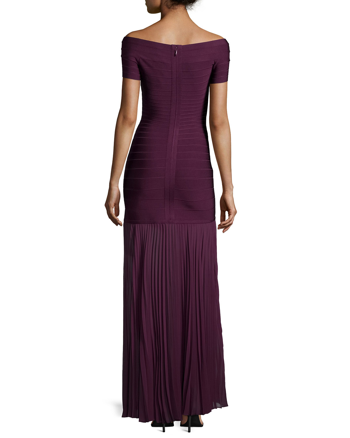 Off-the-Shoulder Pleated-Hem Gown, Bordeaux