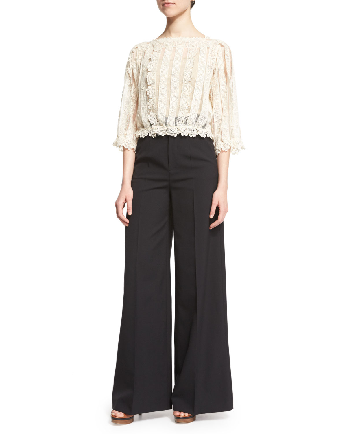 3/4-Sleeve Lace & Macrame Top, Ivory