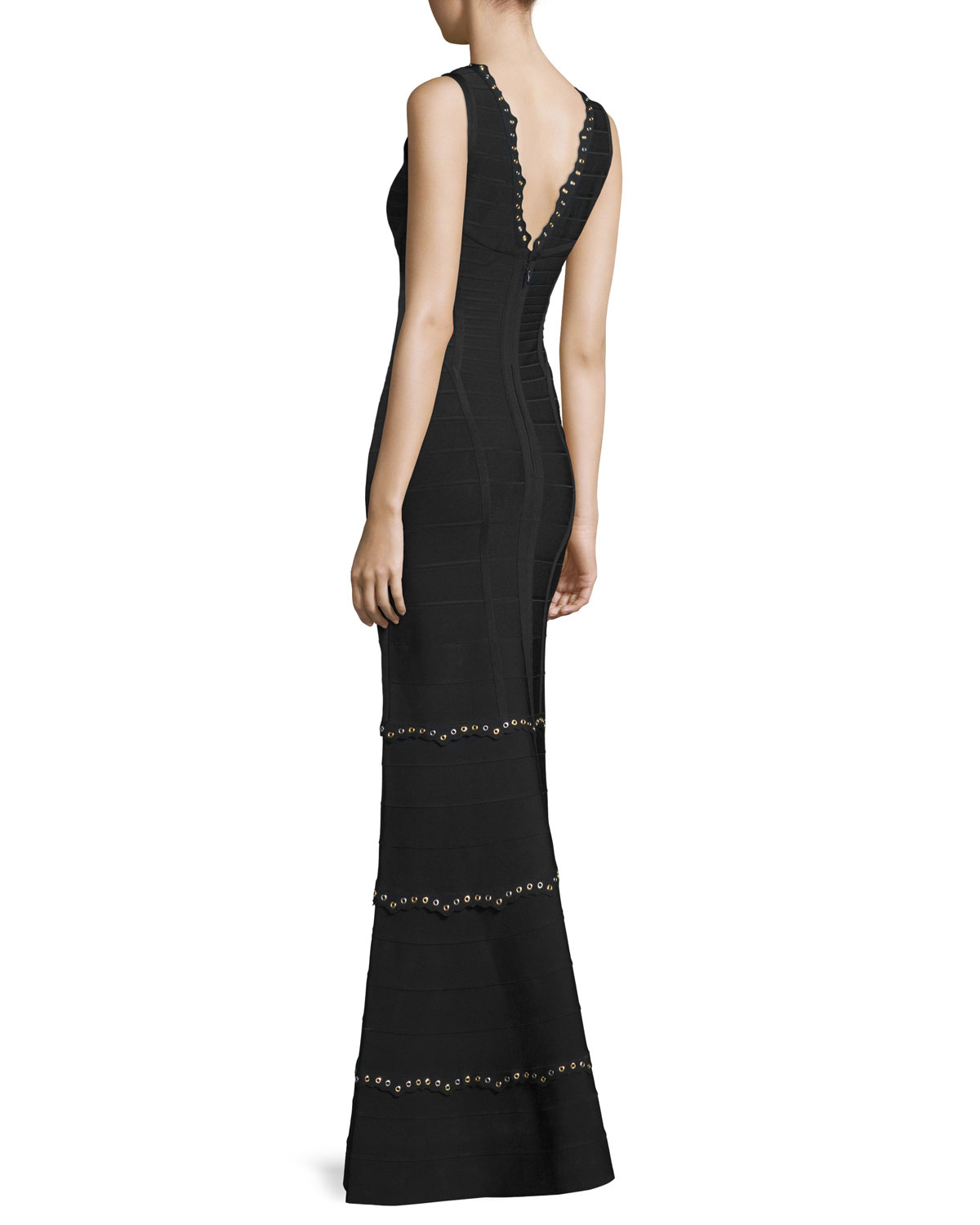 Sleeveless Lace-Up Embellished Gown, Black