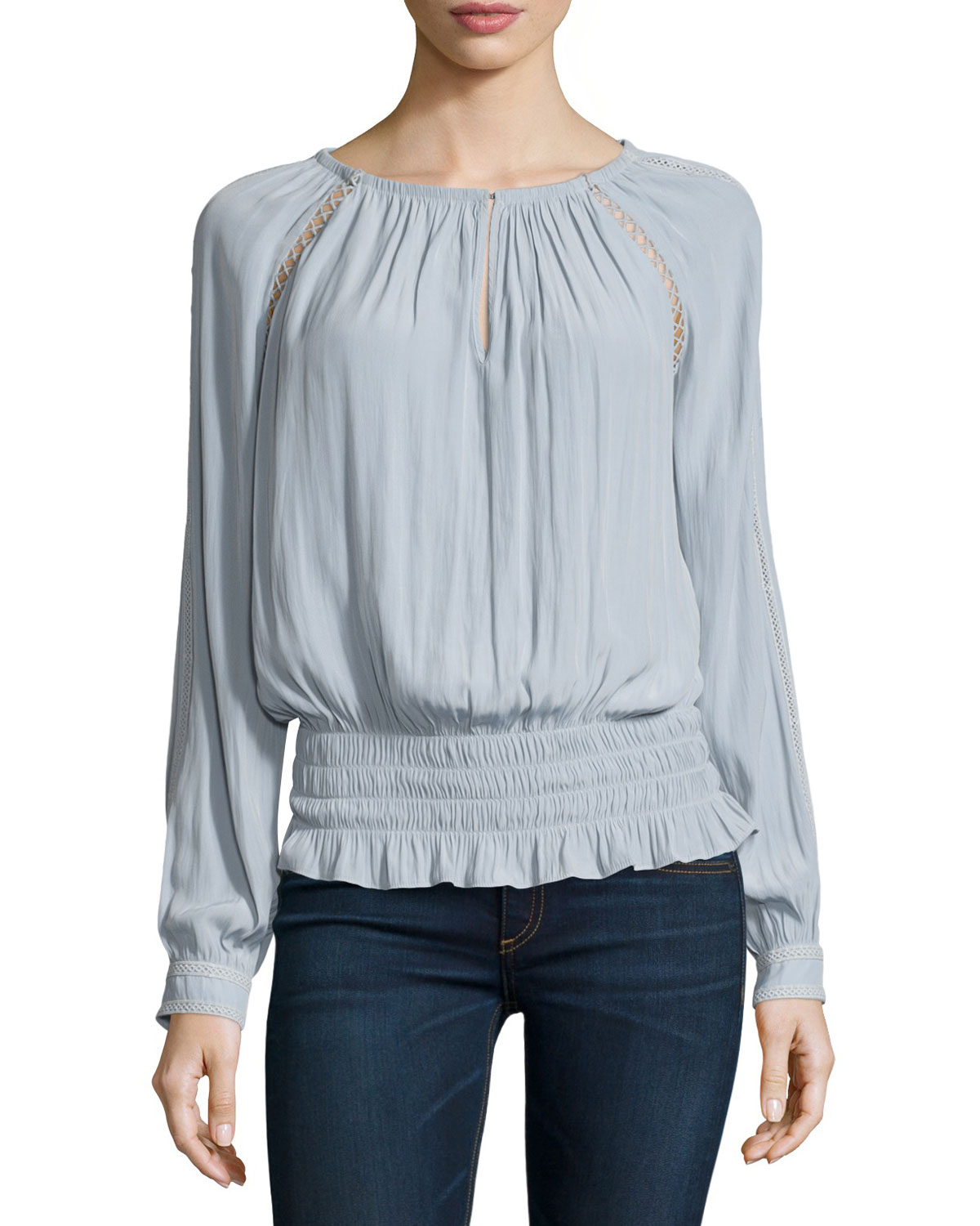 Alexa Long-Sleeve Smocked Peasant Blouse, Silver