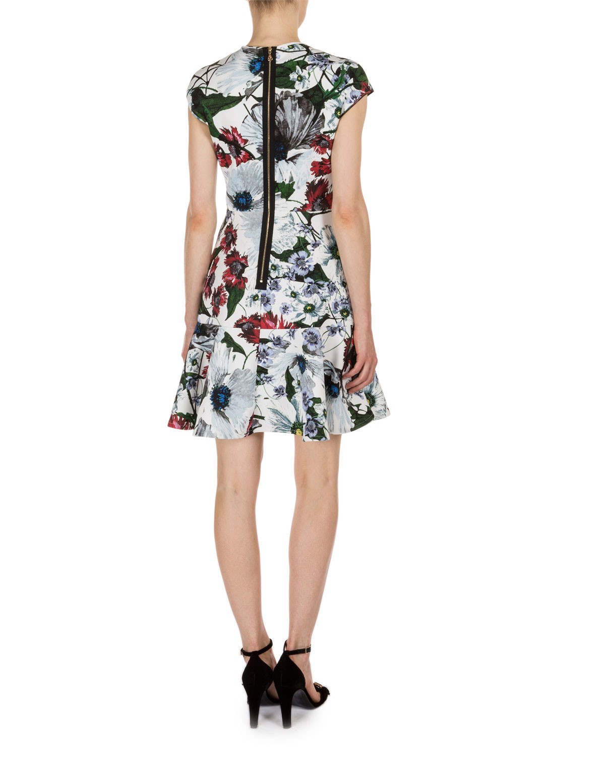 Darlina Cap-Sleeve Floral-Print Dress, White/Red