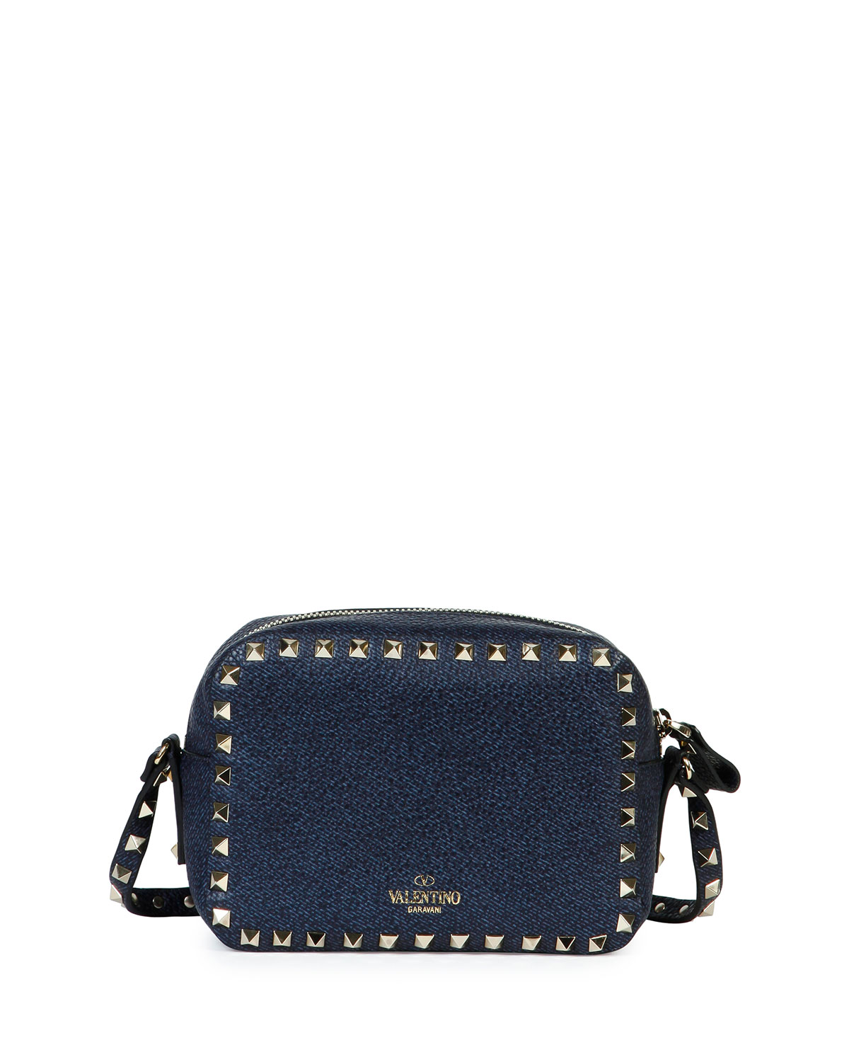 Rockstud Leather Camera Crossbody Bag, Denim Blue