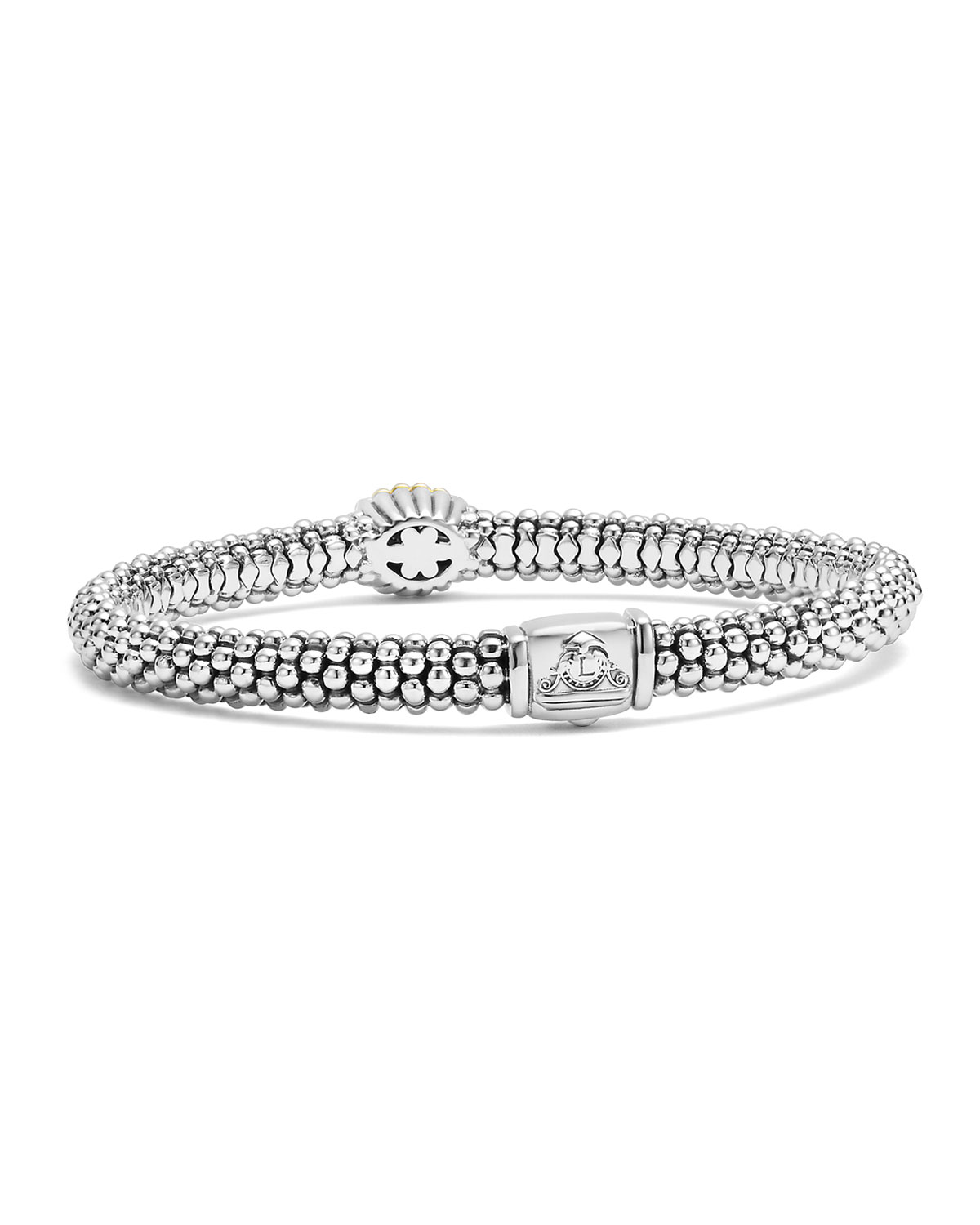 Sterling Silver Caviar & Pavé Diamond Oval Bracelet, 6mm