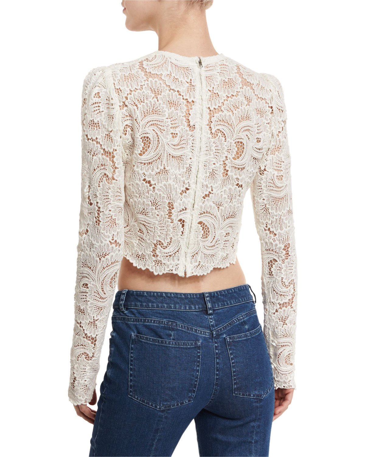 Talia Long-Sleeve Cropped Sheer Lace Top, White