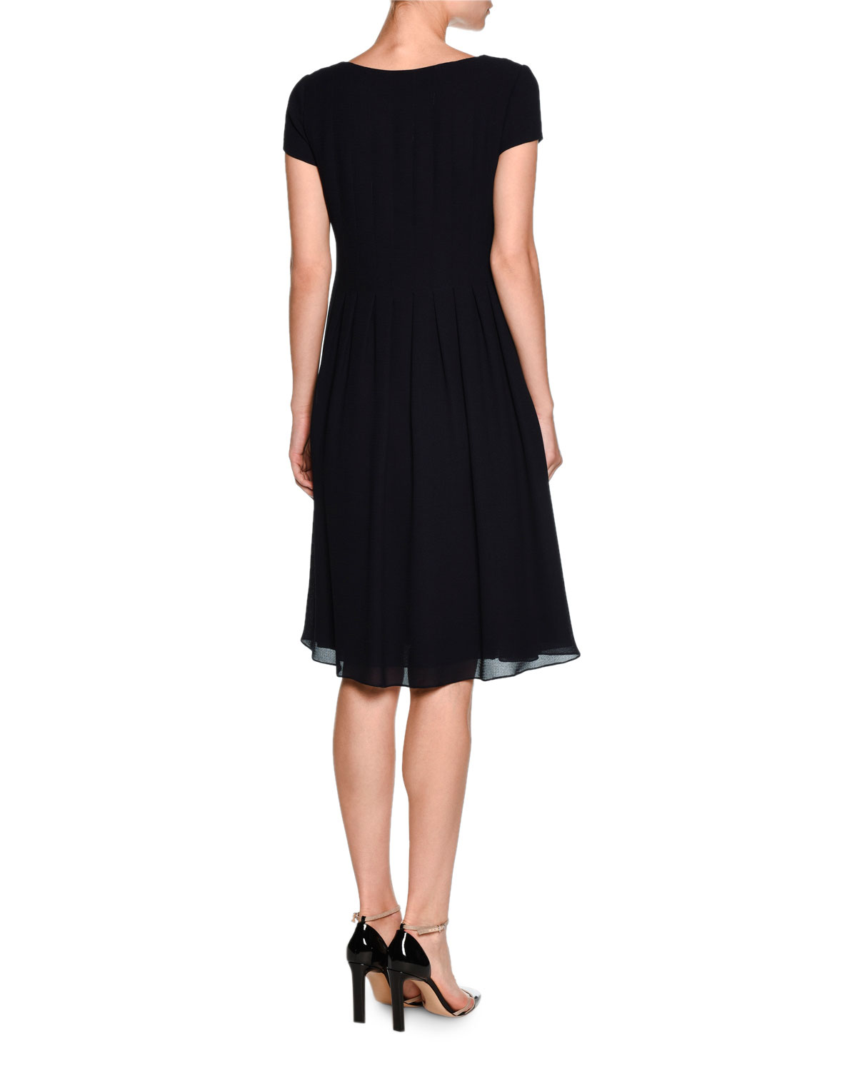Short-Sleeve Pleated A-Line Dress, Navy