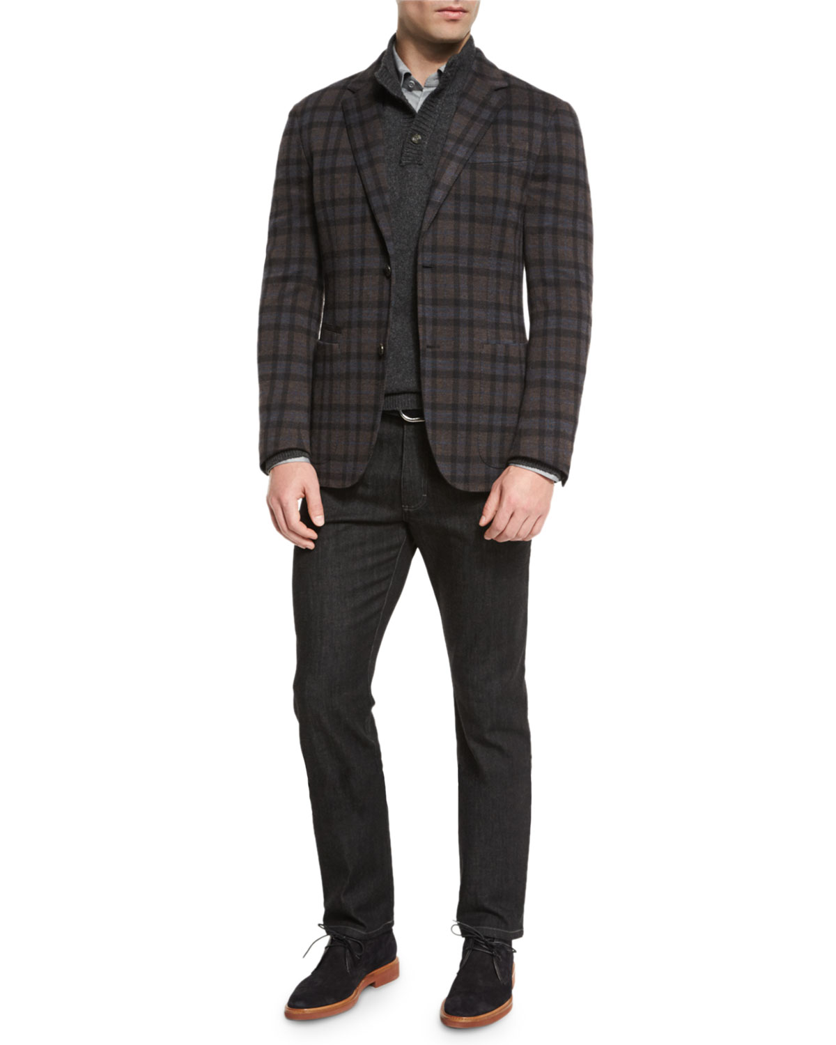 Zegna Zen Wool Plaid Blazer, Blue Pattern