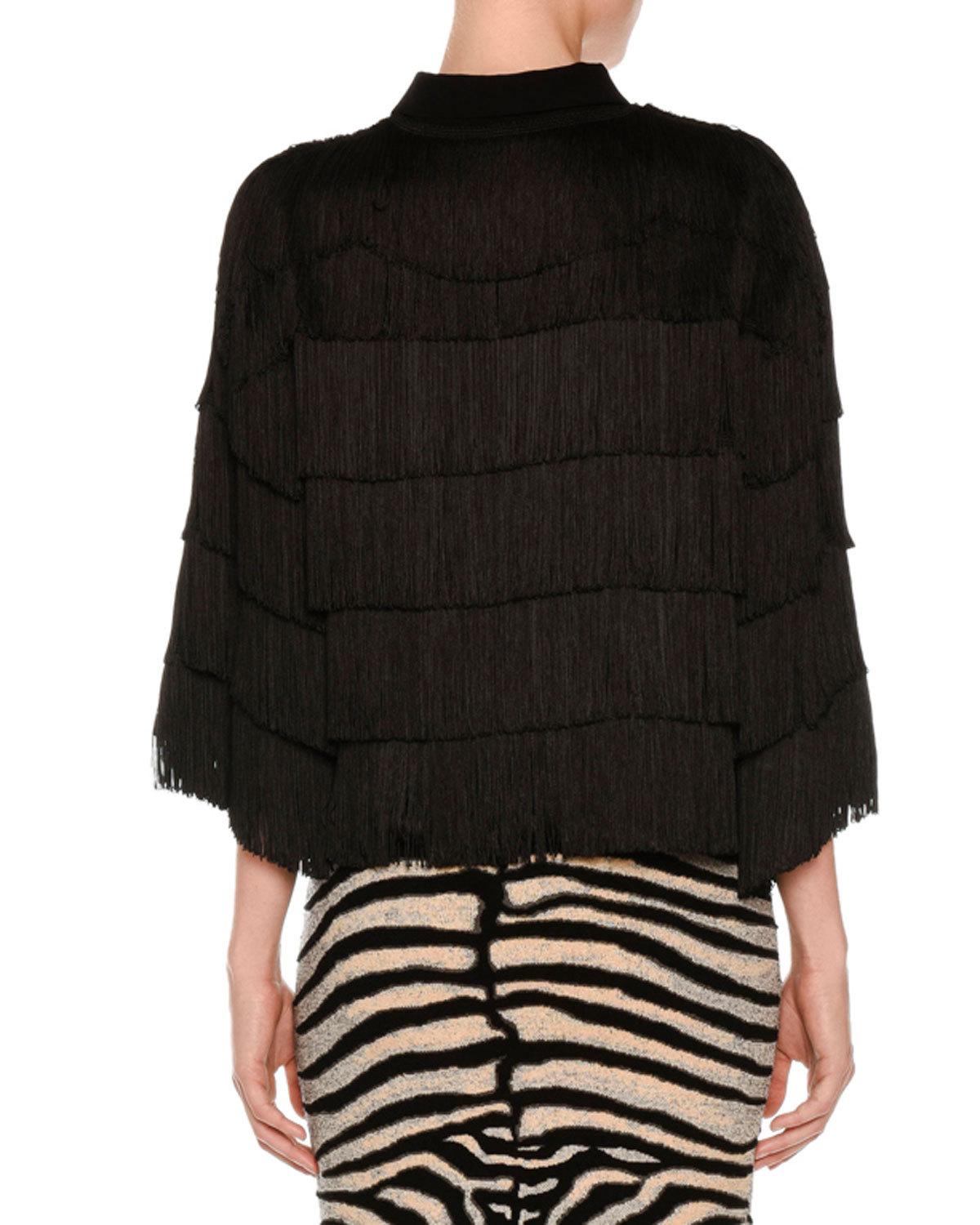Tiered Fringe 3/4-Sleeve Blouse, Black
