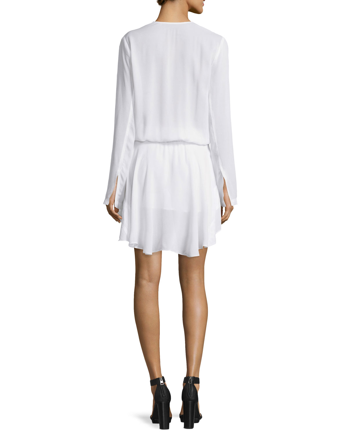 Danielle Long-Sleeve Silk Drawstring Dress, White